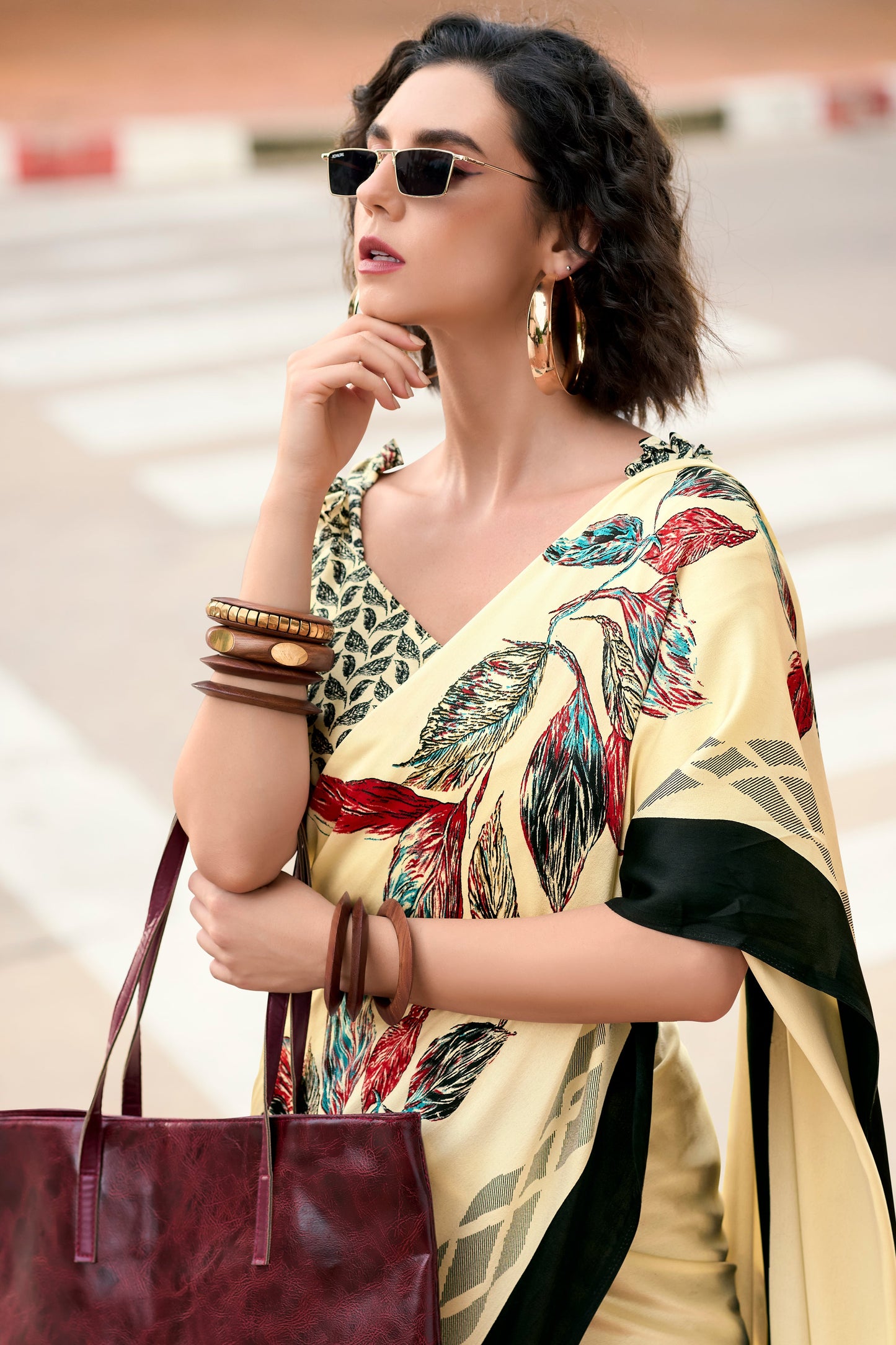 Cream Printed Satin Saree-ZB132474_4