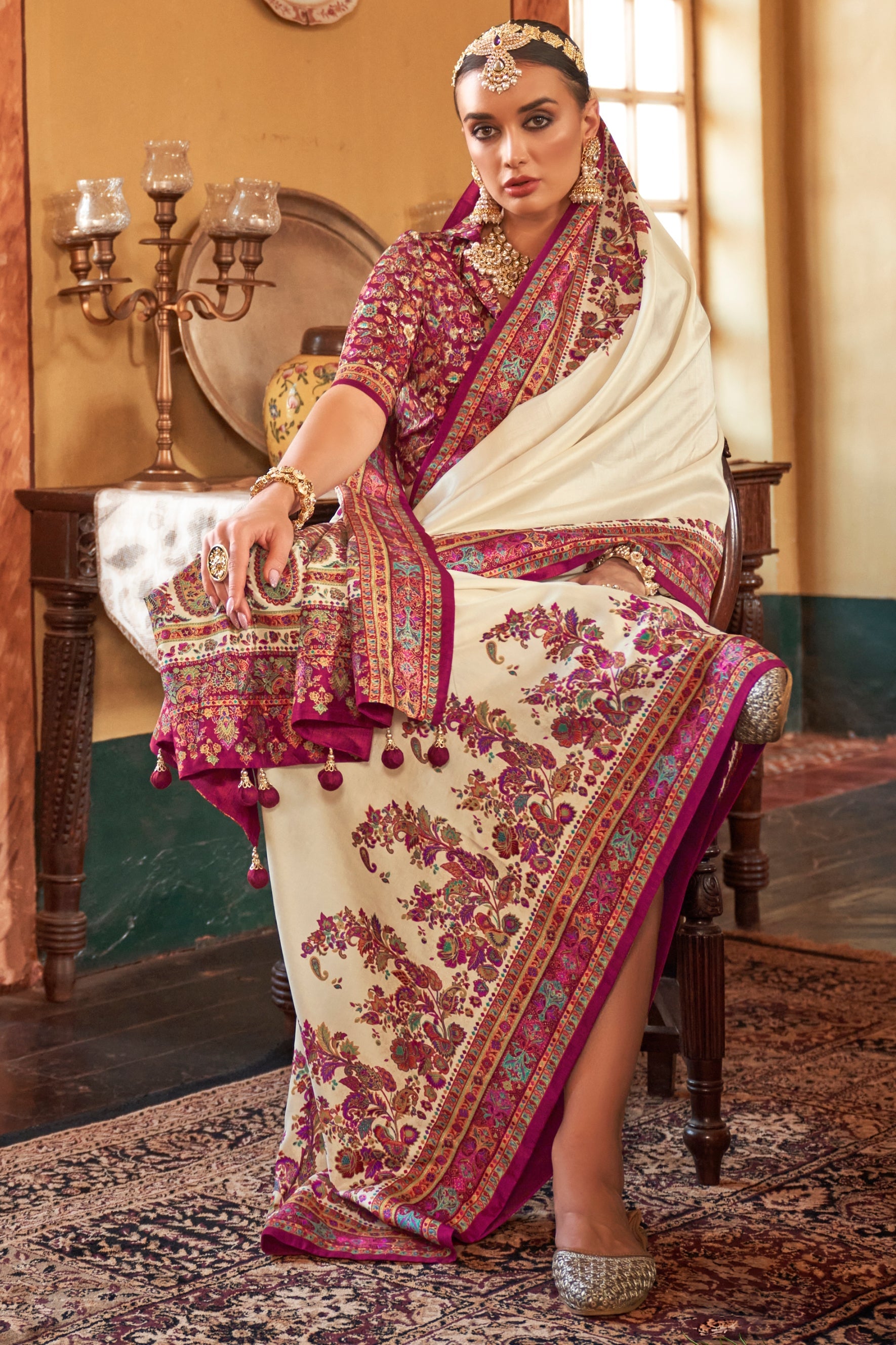 Cream Printed Viscose Silk Saree-ZB134520_2_SareeButa.com