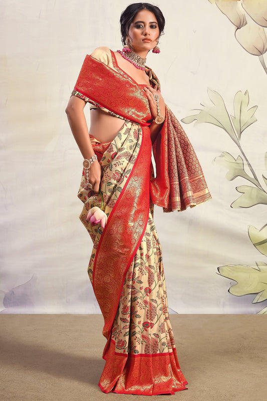 Beige With Red Border Pure Dharmavaram Silk Saree-ZB133396_1_SareeButa.com