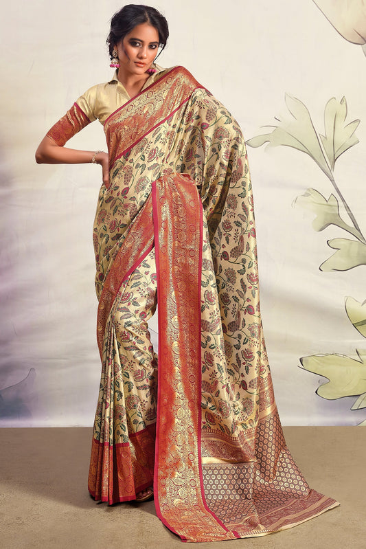 Beige With Pink Border Pure Dharmavaram Silk Saree-ZB133400_1_SareeButa.com