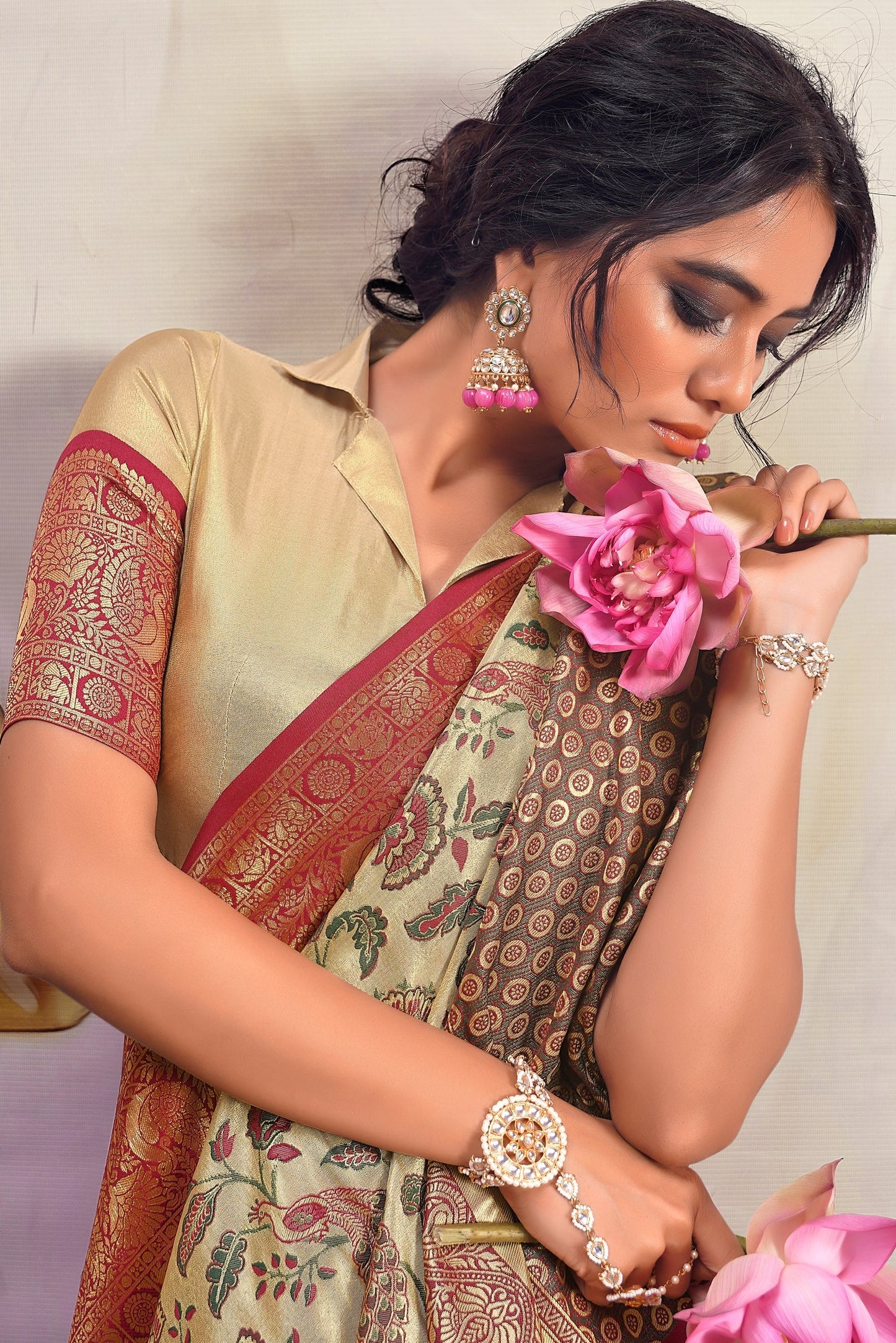 Beige With Pink Border Pure Dharmavaram Silk Saree-ZB133400_2_SareeButa.com