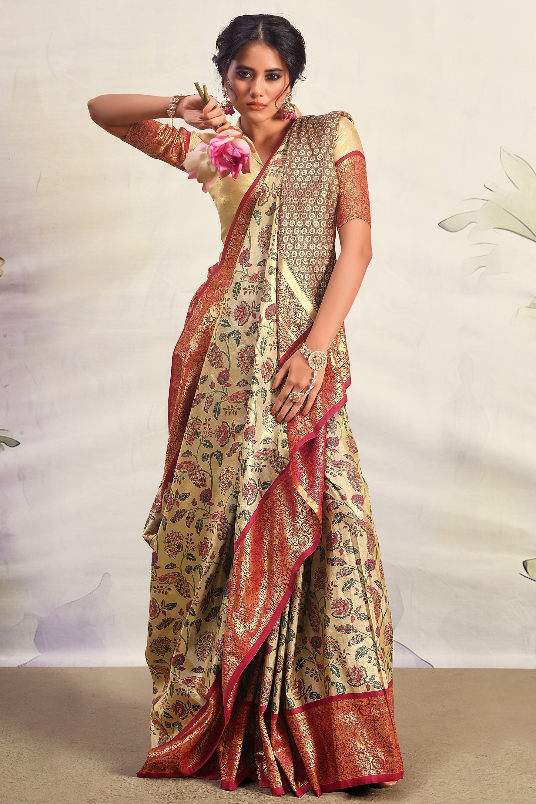Beige With Pink Border Pure Dharmavaram Silk Saree-ZB133400_3_SareeButa.com
