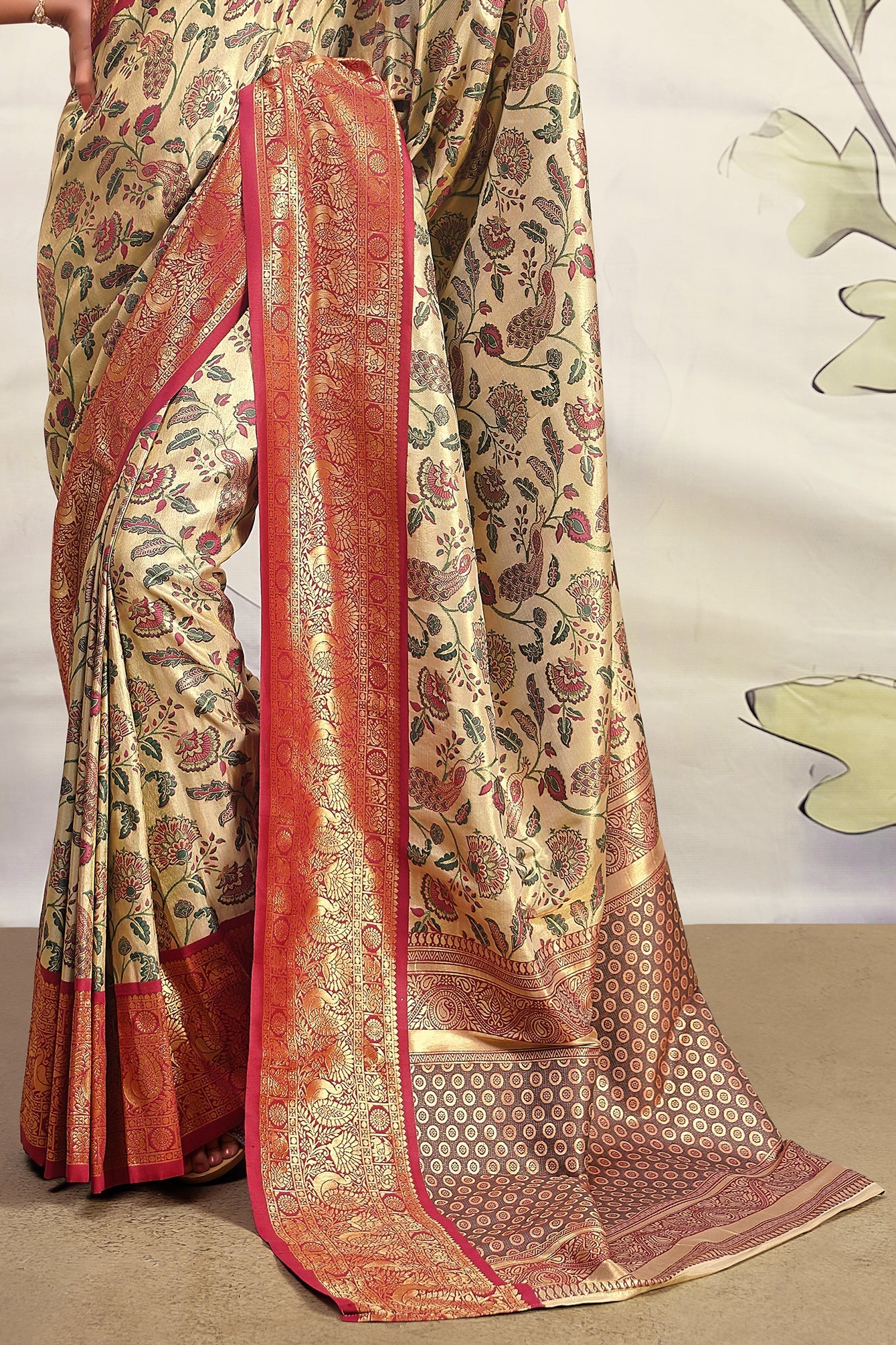 Beige With Pink Border Pure Dharmavaram Silk Saree-ZB133400_4_SareeButa.com