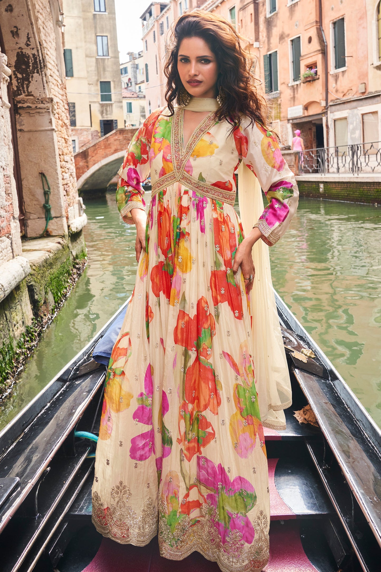 Cream Readymade Chinon Silk Gown with Dupatta-SAR10488_1_SareeButa.com