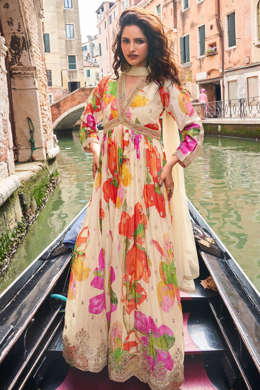 Cream Readymade Chinon Silk Gown with Dupatta-SAR10488_1_SareeButa.com