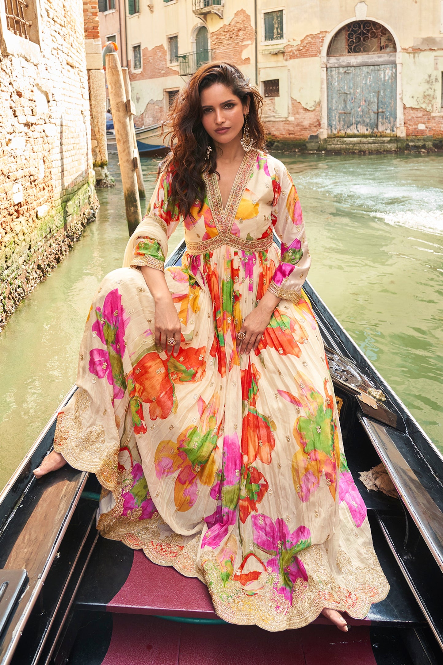 Cream Readymade Chinon Silk Gown with Dupatta-SAR10488_3_SareeButa.com