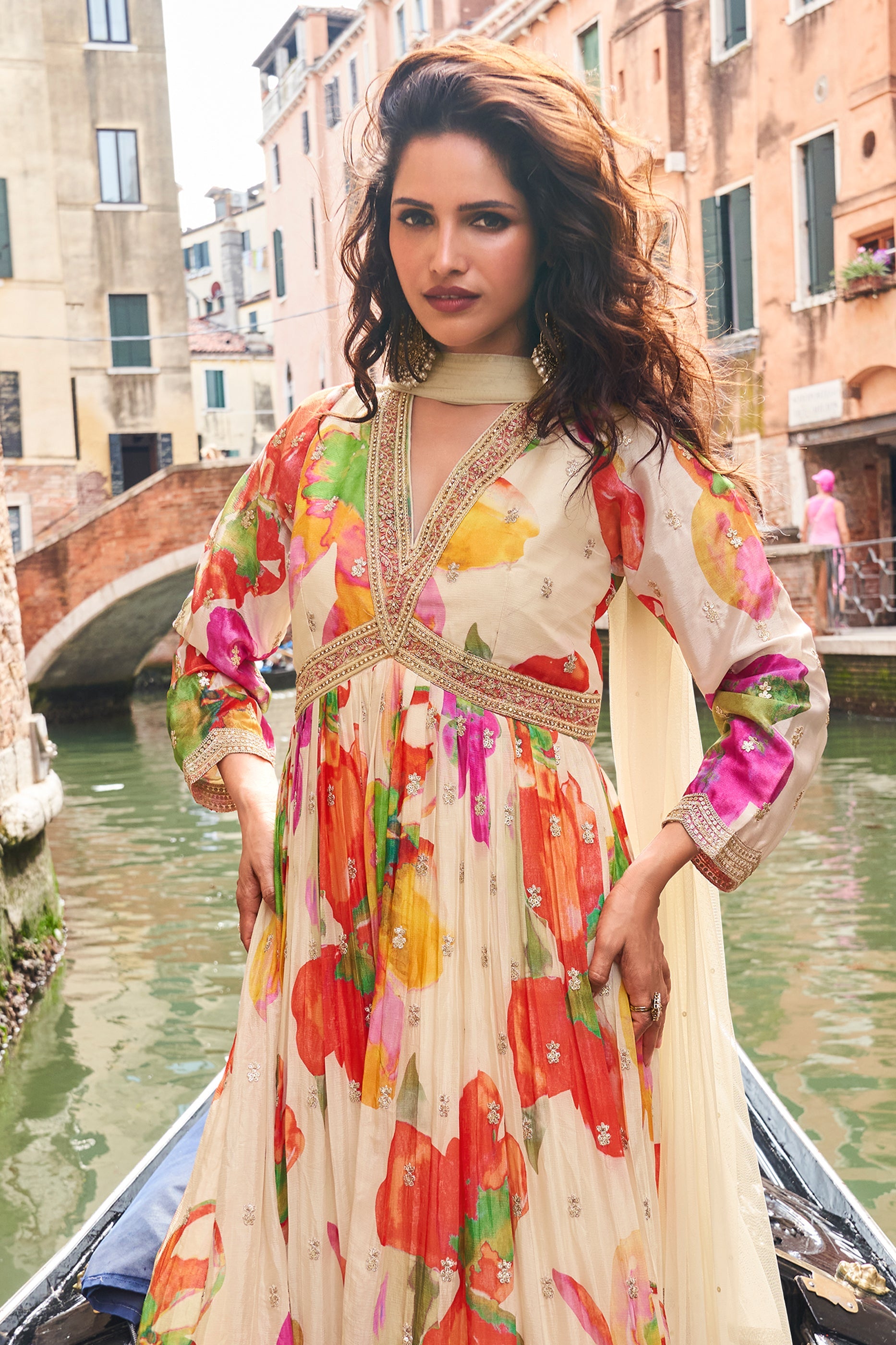 Cream Readymade Chinon Silk Gown with Dupatta-SAR10488_4_SareeButa.com