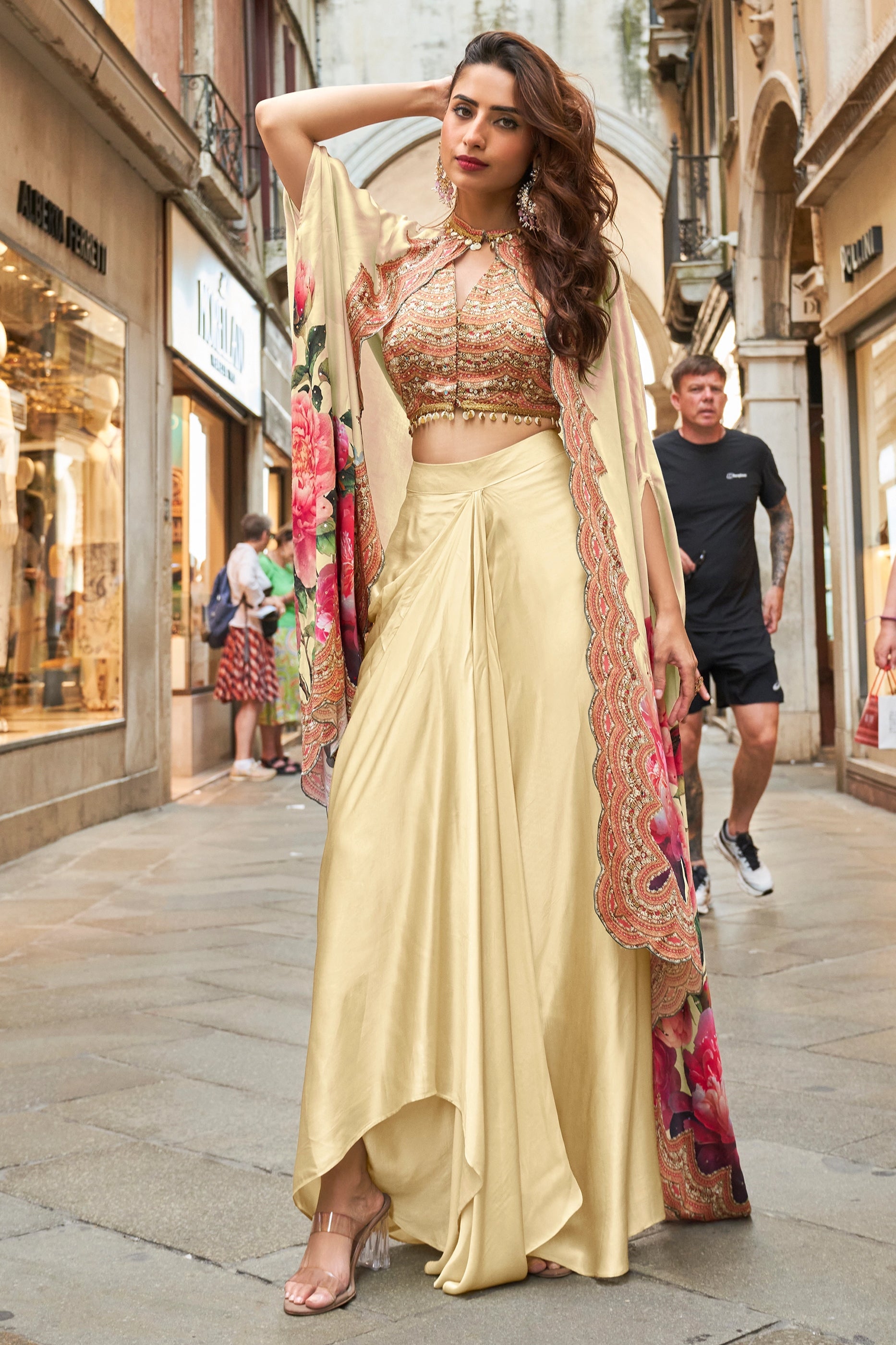 Cream Readymade Crepe Skirt Set With Jacket-SAR11081_1_SareeButa.com