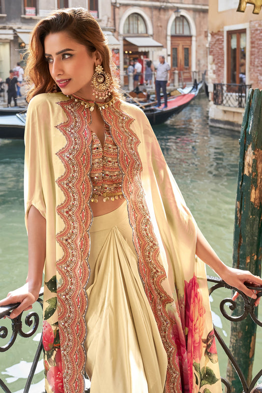 Cream Readymade Crepe Skirt Set With Jacket-SAR11081_2_SareeButa.com