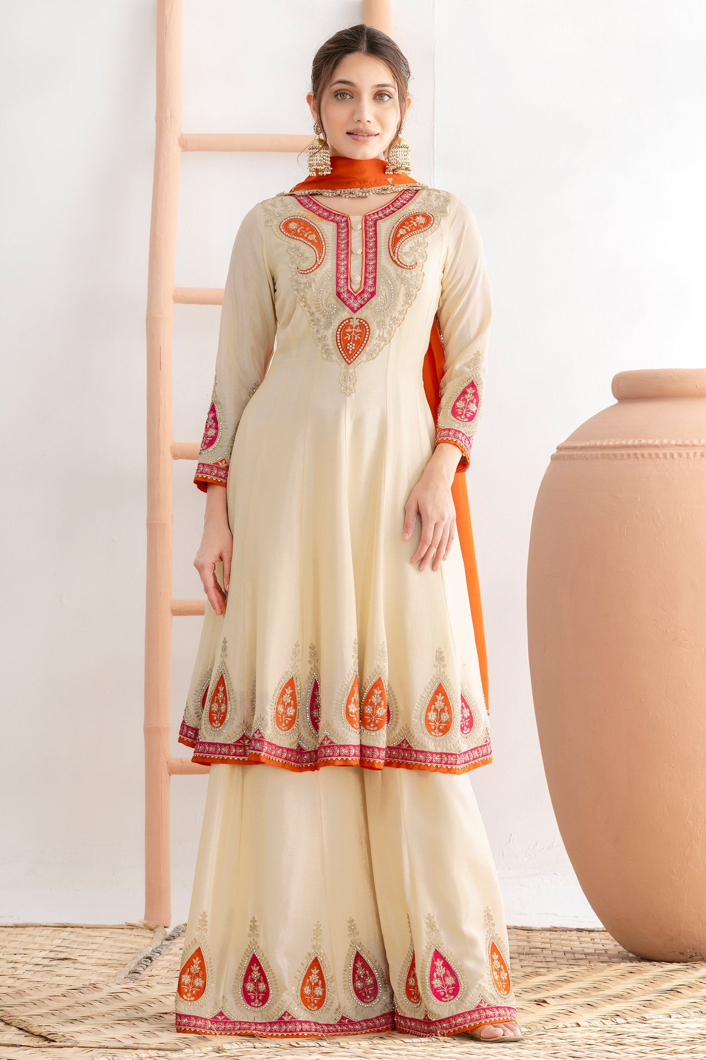 Cream Readymade Embroidered Chinon A-line Suit-SAR11105_1_SareeButa.com