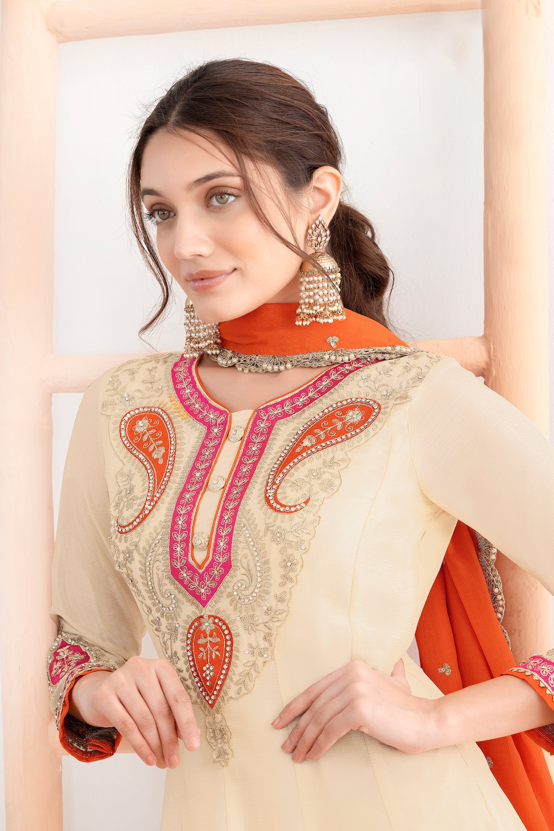 Cream Readymade Embroidered Chinon A-line Suit-SAR11105_2_SareeButa.com