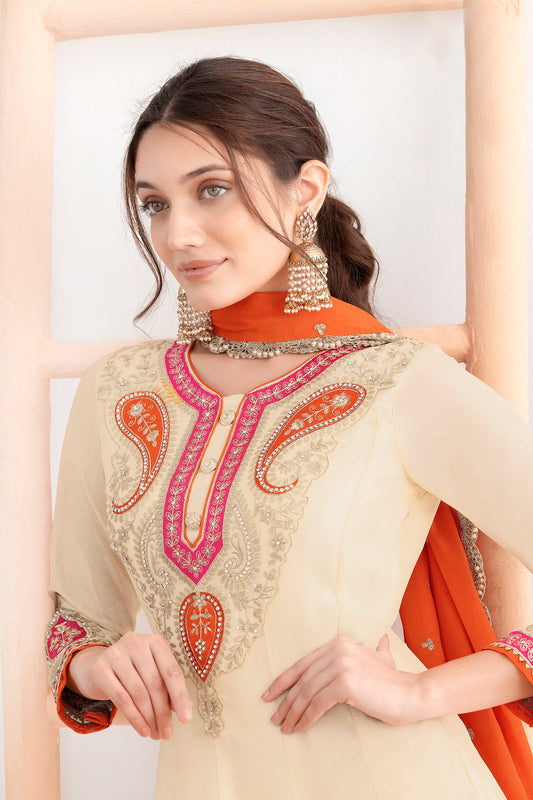 Cream Readymade Embroidered Chinon A-line Suit-SAR11105_2_SareeButa.com