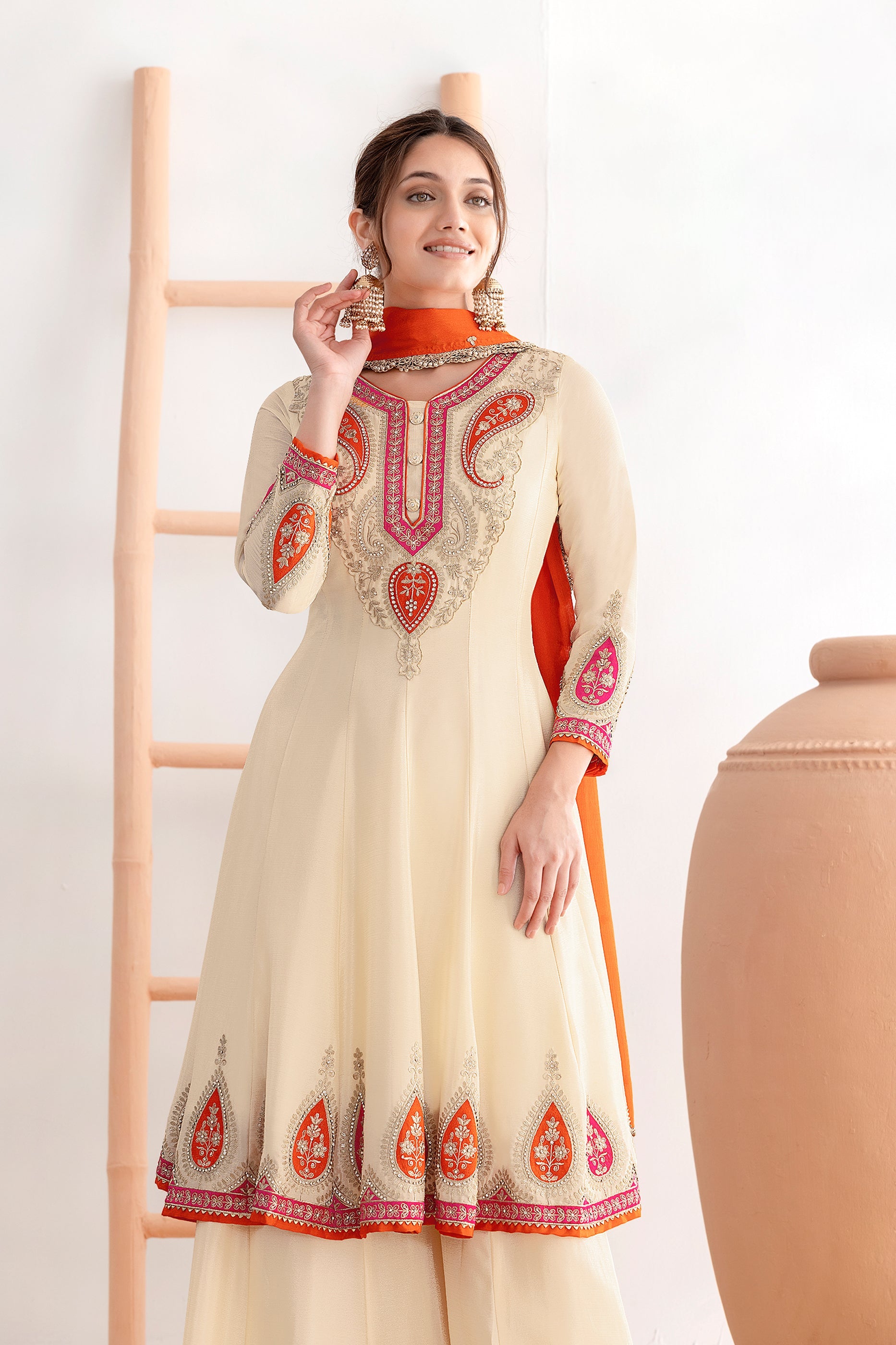Cream Readymade Embroidered Chinon A-line Suit-SAR11105_3_SareeButa.com