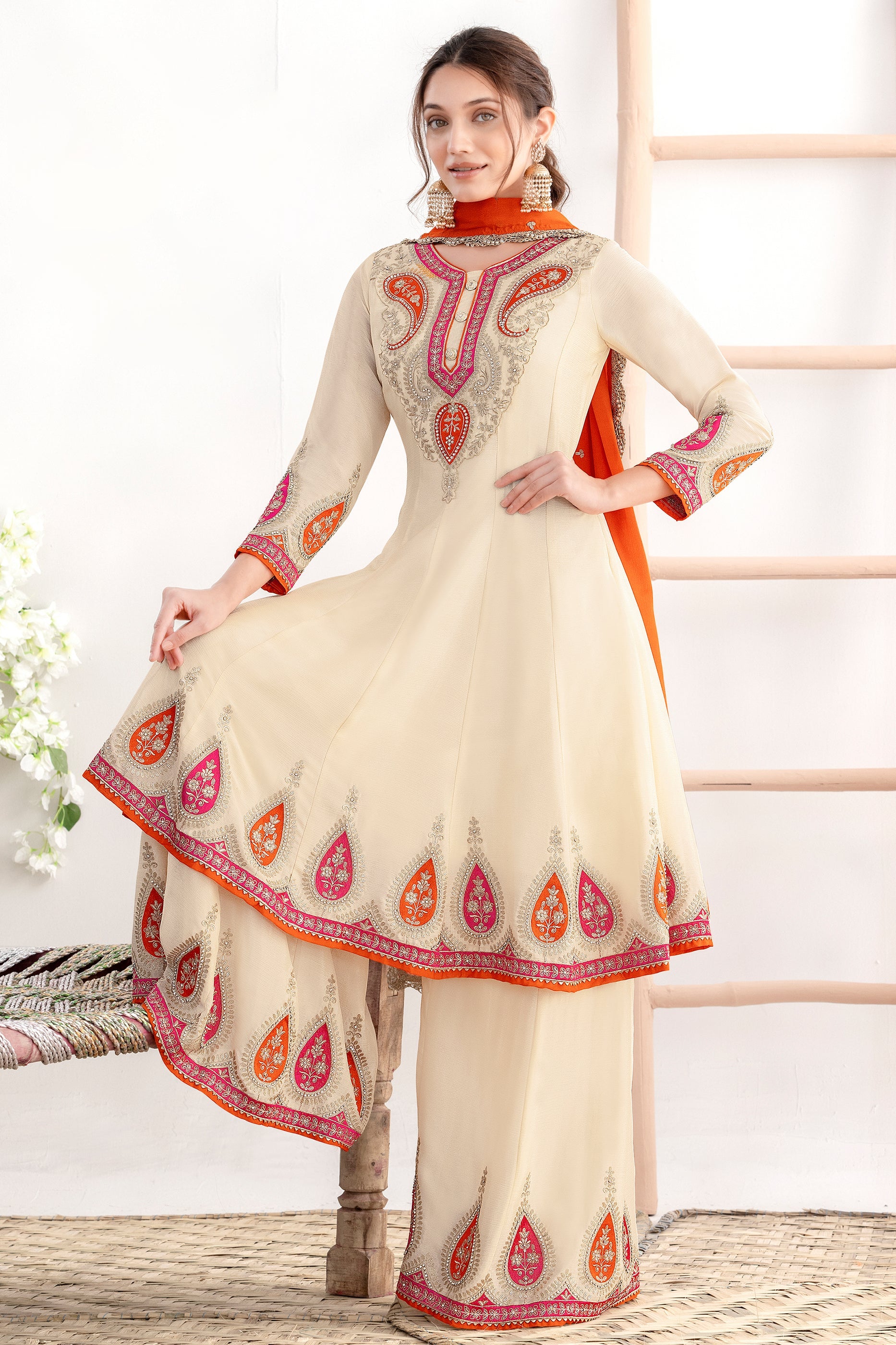Cream Readymade Embroidered Chinon A-line Suit-SAR11105_4_SareeButa.com