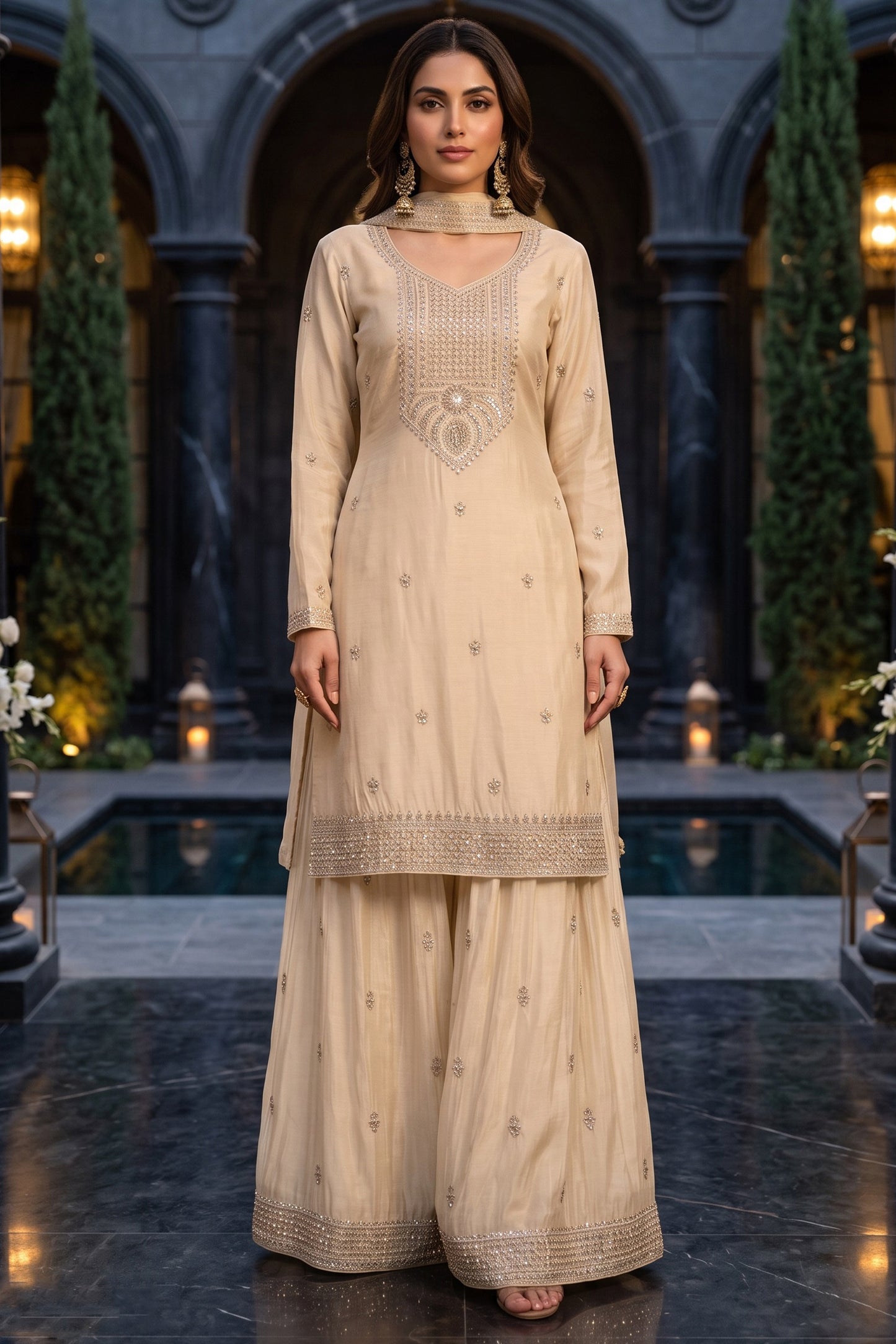 Cream Readymade Embroidered Chinon Palazzo Suit-SAR13139_1_SareeButa.com
