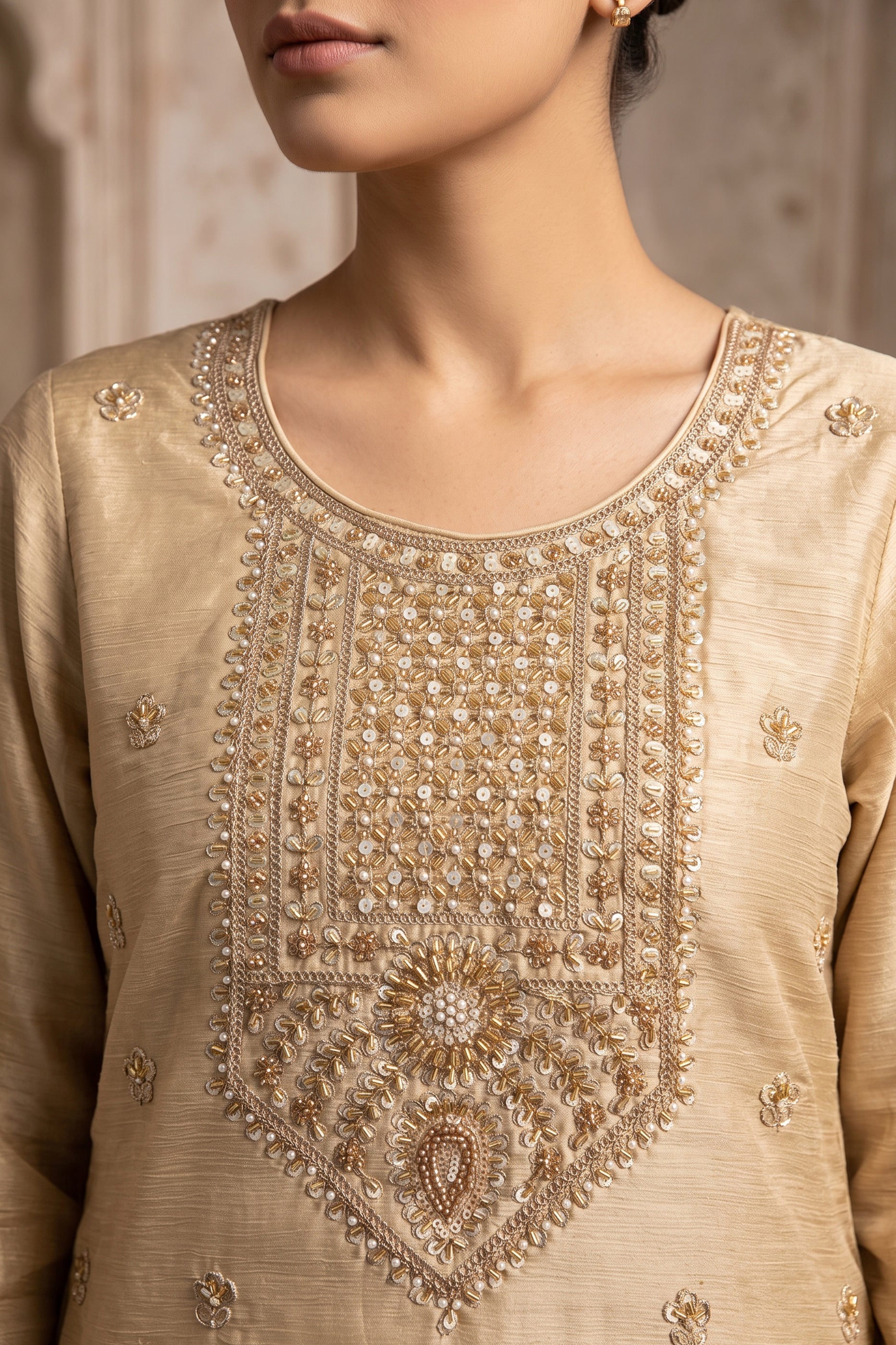 Cream Readymade Embroidered Chinon Palazzo Suit-SAR13139_2_SareeButa.com