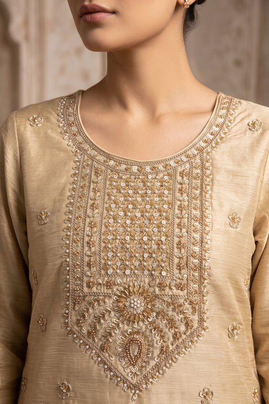 Cream Readymade Embroidered Chinon Palazzo Suit-SAR13139_2_SareeButa.com