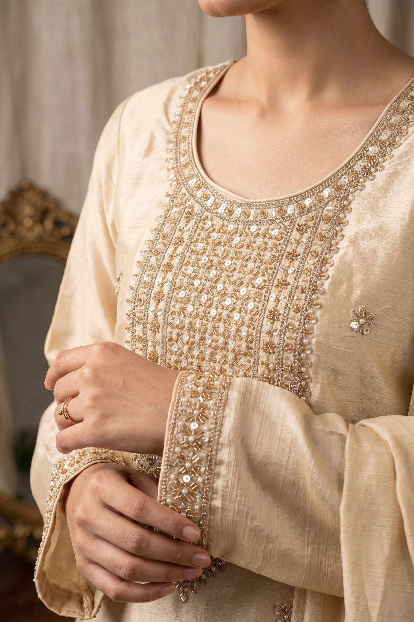 Cream Readymade Embroidered Chinon Palazzo Suit-SAR13139_3_SareeButa.com