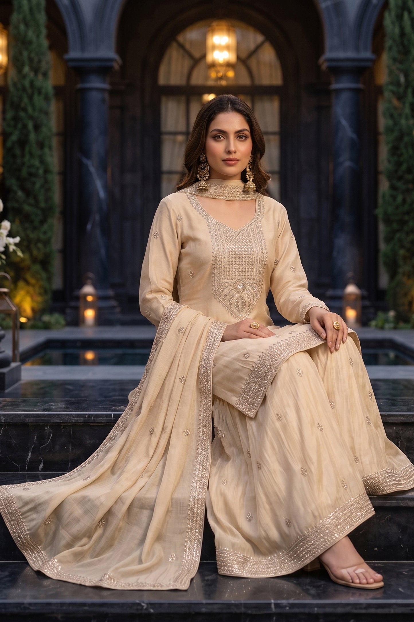 Cream Readymade Embroidered Chinon Palazzo Suit-SAR13139_5_SareeButa.com