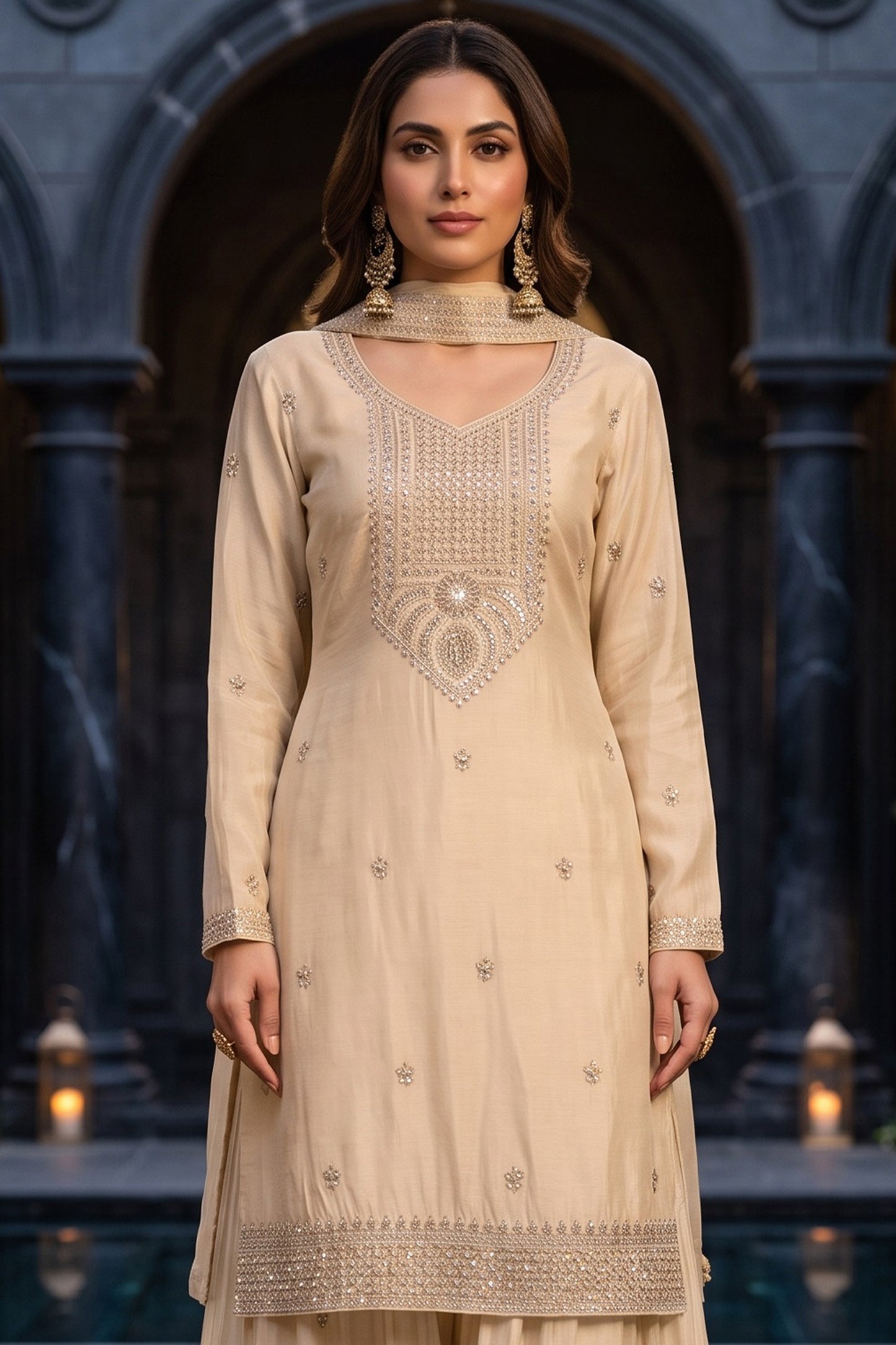 Cream Readymade Embroidered Chinon Palazzo Suit-SAR13139_6_SareeButa.com