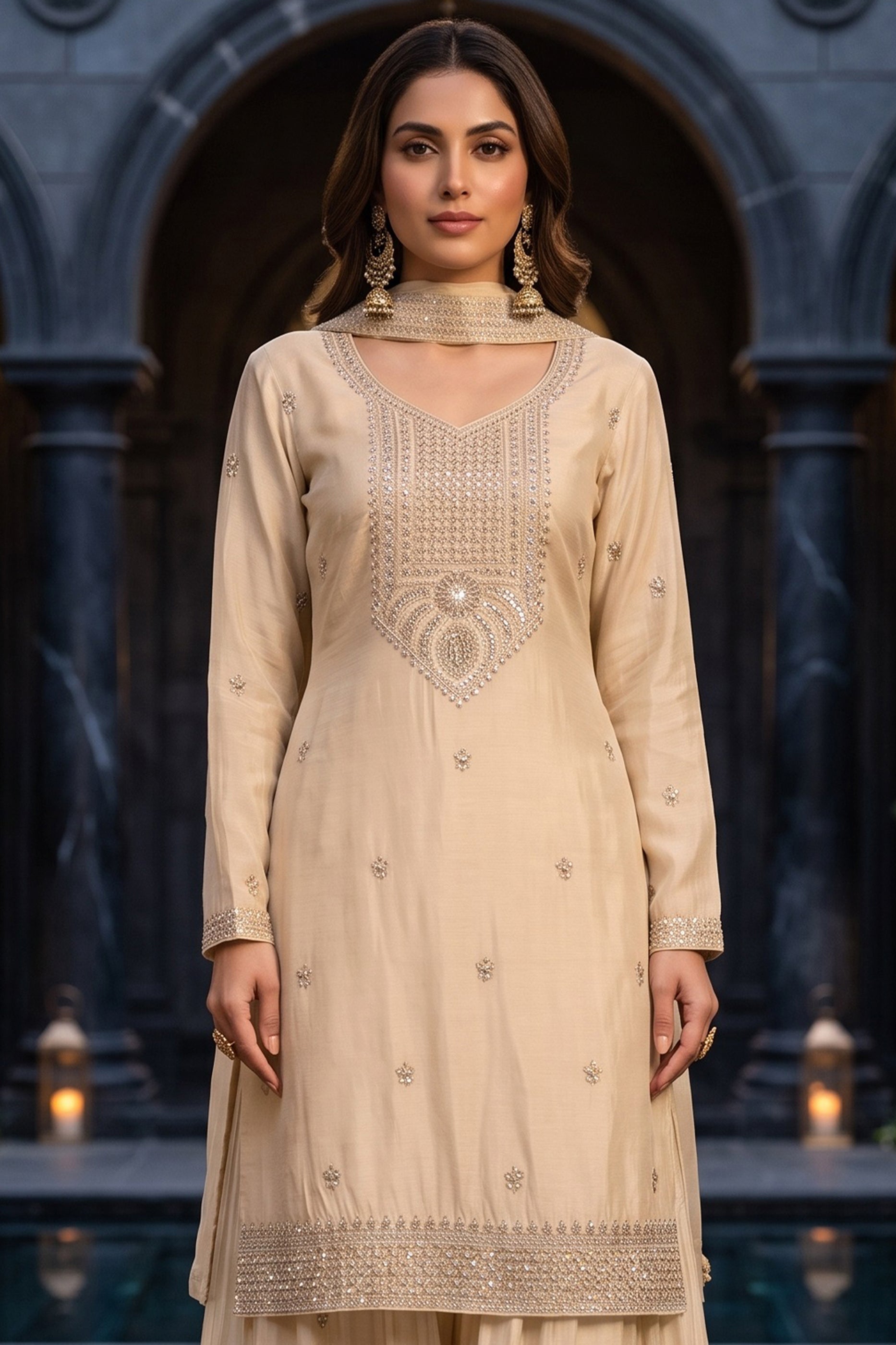 Cream Readymade Embroidered Chinon Palazzo Suit-SAR13139_6_SareeButa.com