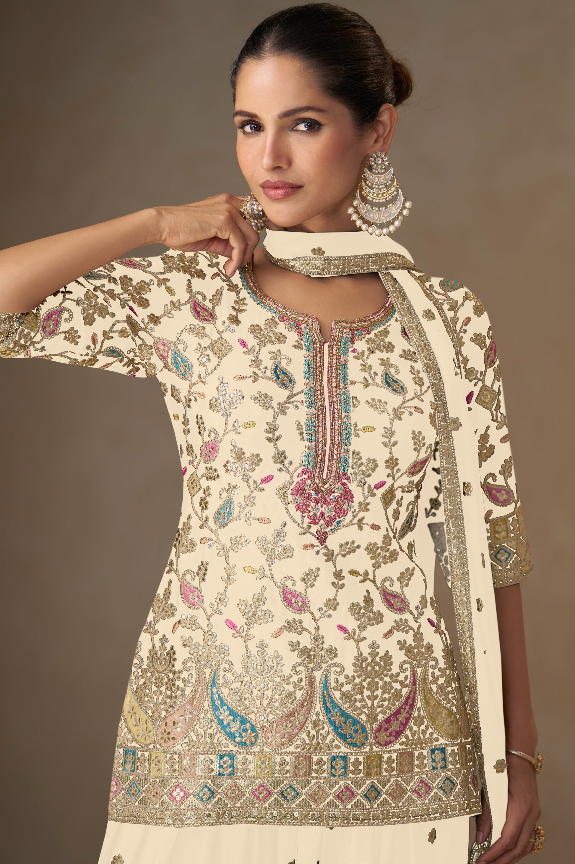 Cream Readymade Embroidered Chinon Palazzo Suit-SS793_2_SareeButa.com
