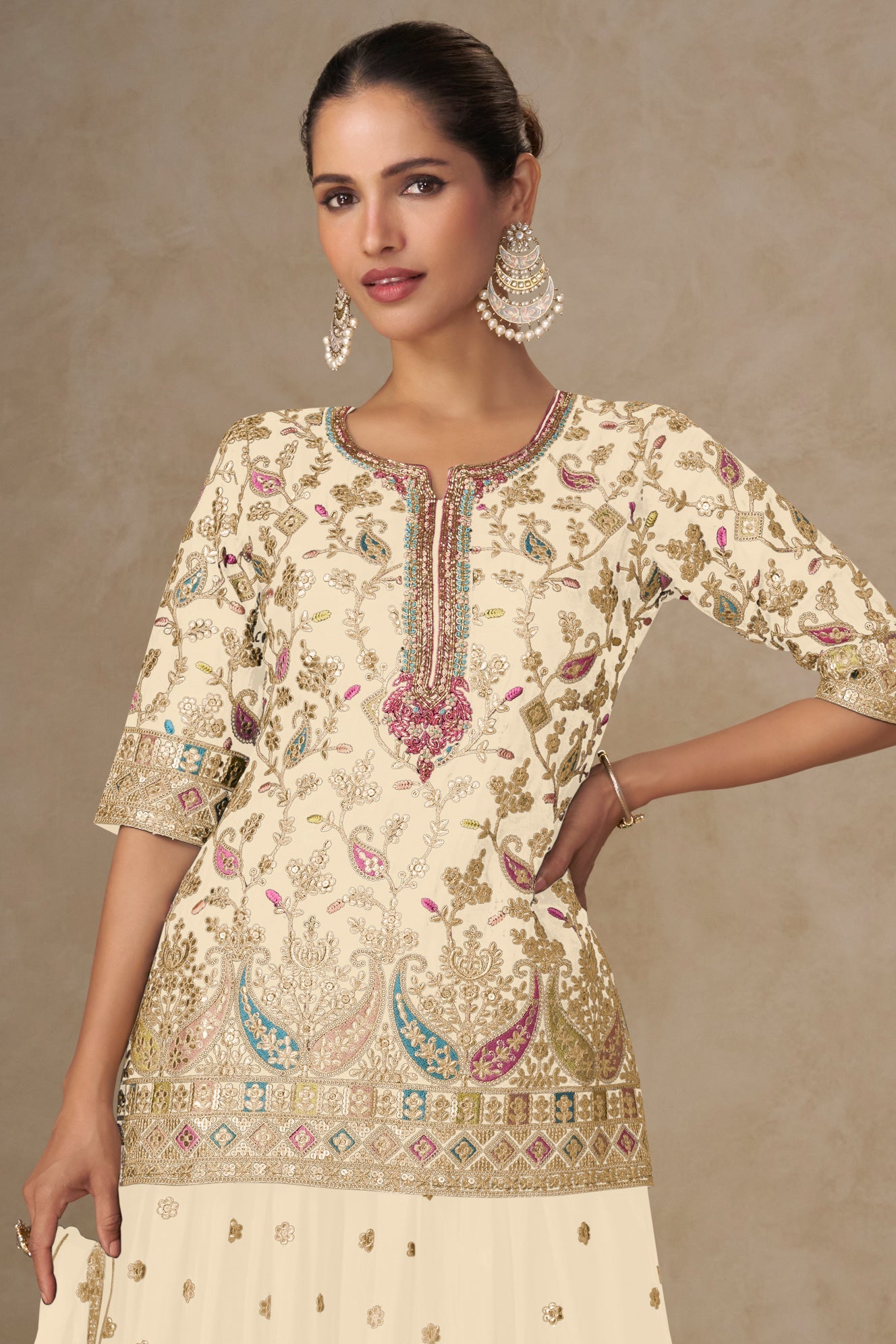 Cream Readymade Embroidered Chinon Palazzo Suit-SS793_3_SareeButa.com