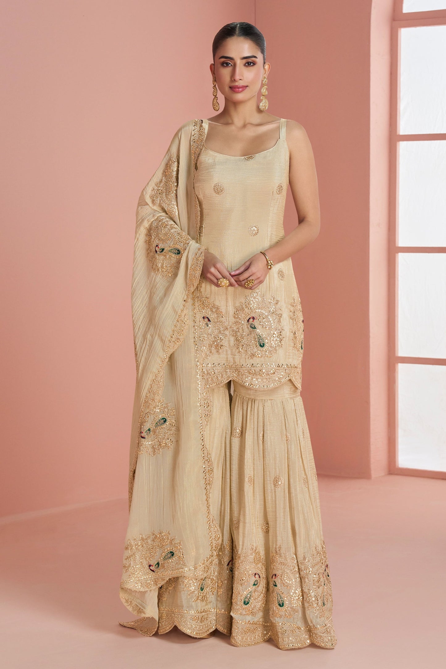 Cream Readymade Embroidered Chinon Sharara Set-SAR10930_1_SareeButa.com