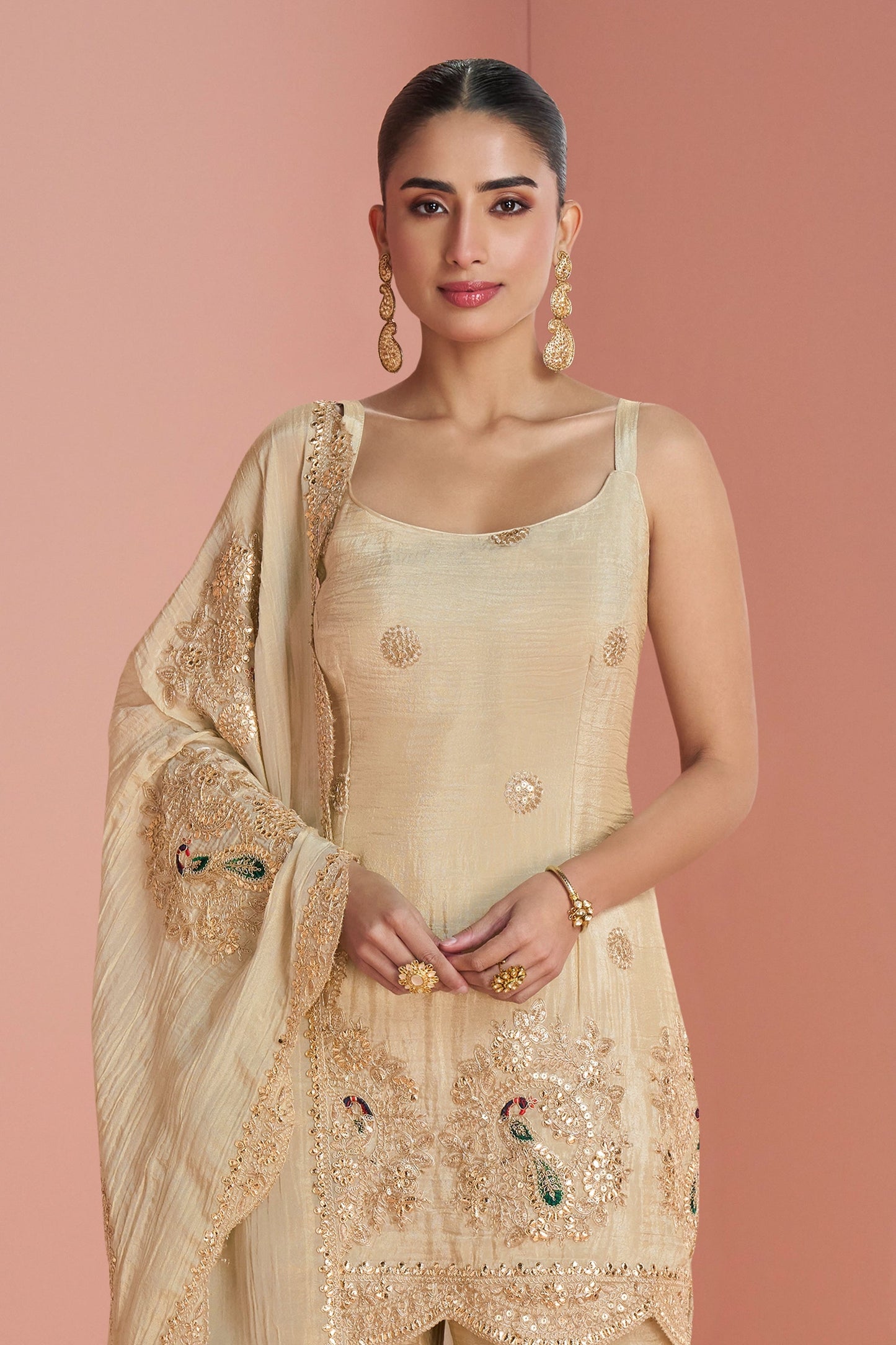 Cream Readymade Embroidered Chinon Sharara Set-SAR10930_3_SareeButa.com