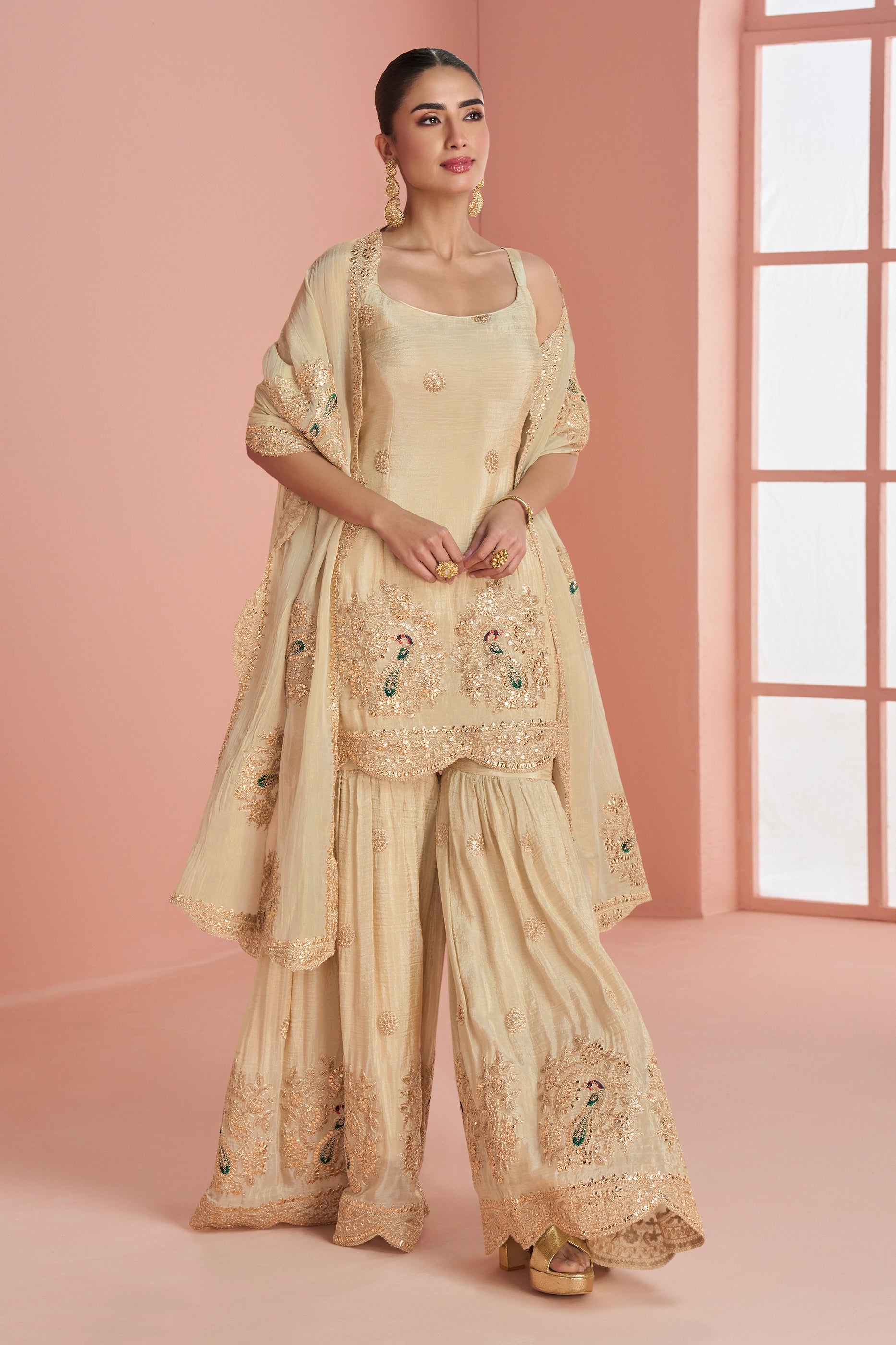 Cream Readymade Embroidered Chinon Sharara Set-SAR10930_4_SareeButa.com