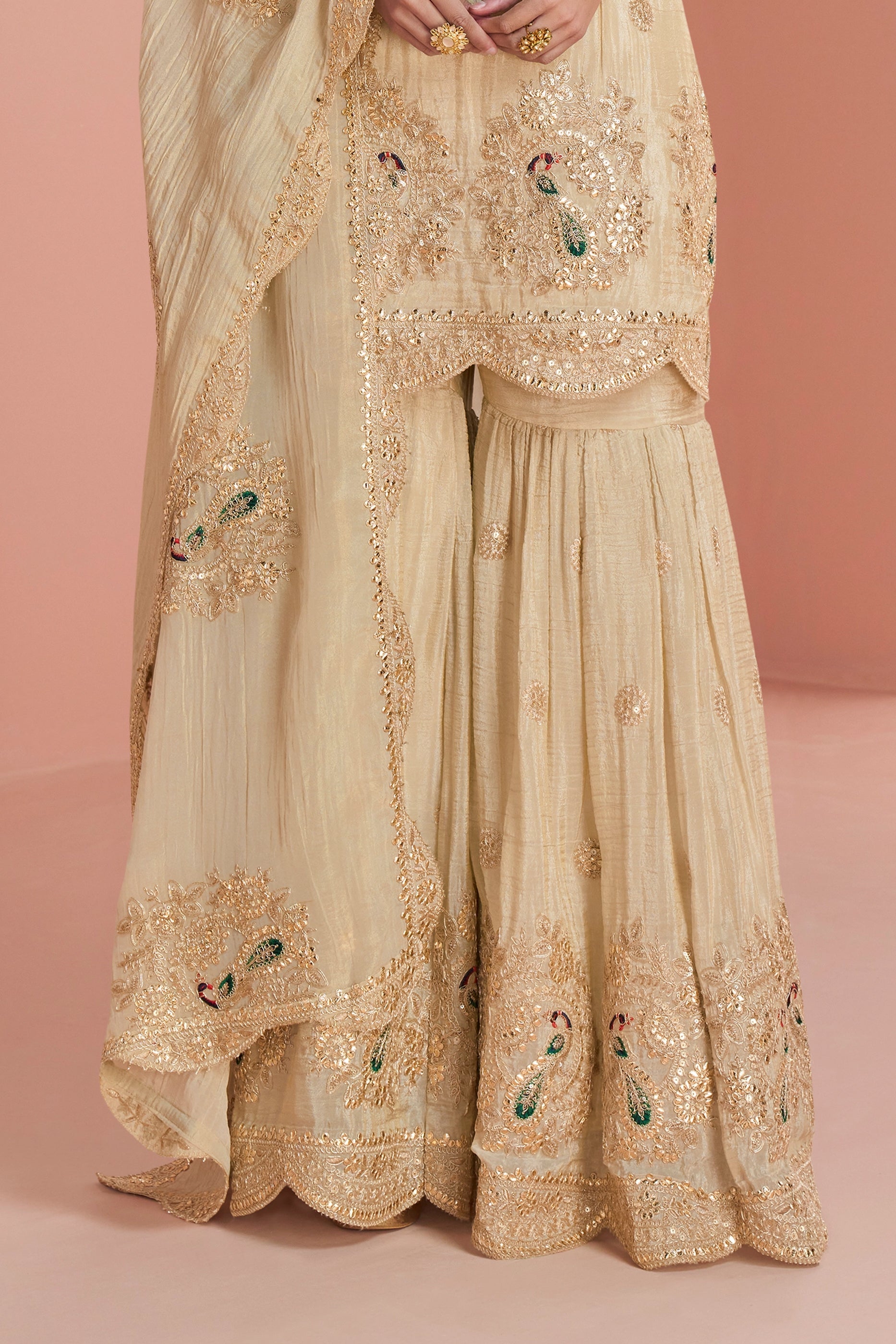 Cream Readymade Embroidered Chinon Sharara Set-SAR10930_5_SareeButa.com