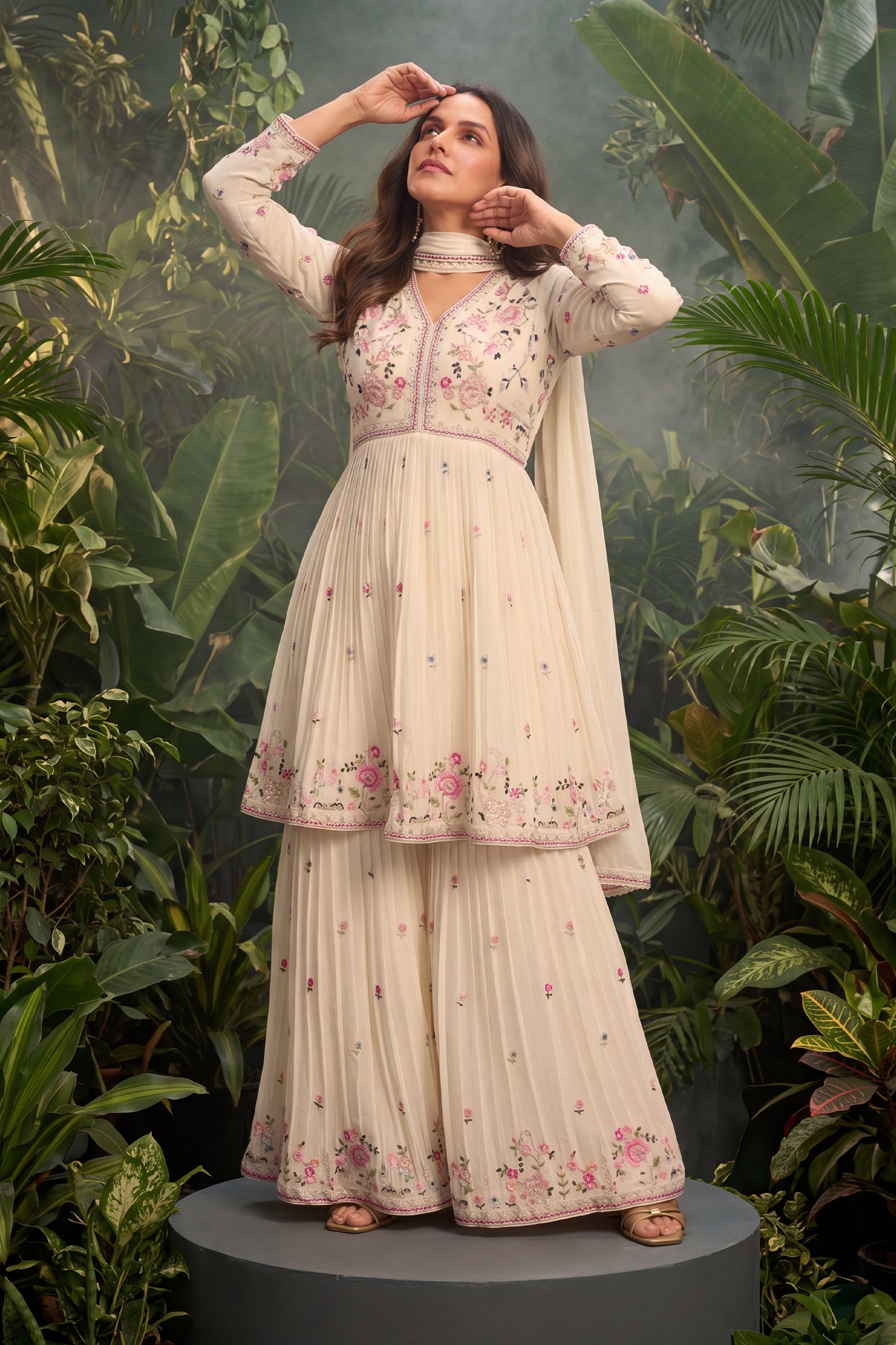 Cream Readymade Embroidered Chinon Sharara Suit-SAR13005_1_SareeButa.com