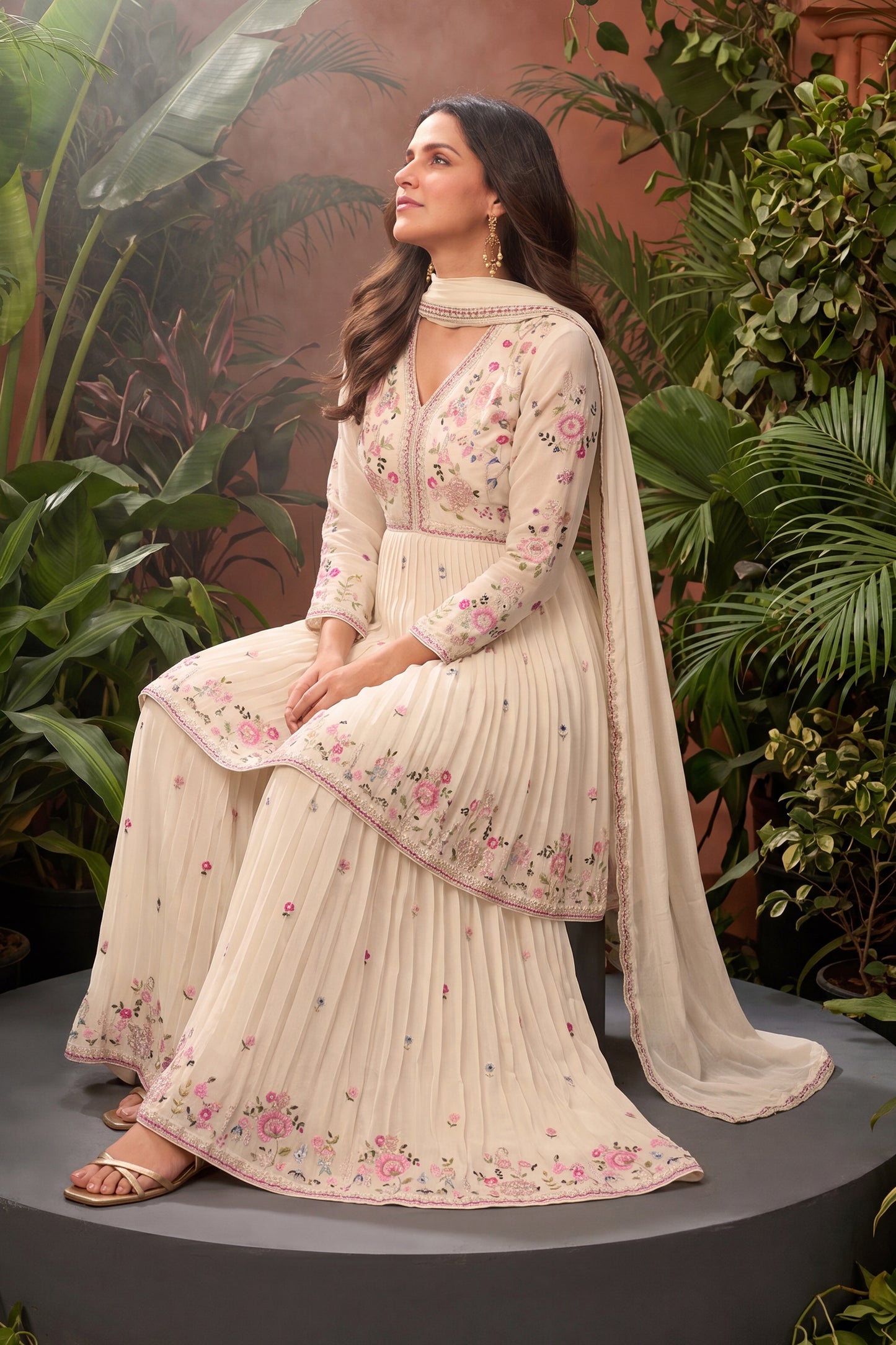 Cream Readymade Embroidered Chinon Sharara Suit-SAR13005_3_SareeButa.com