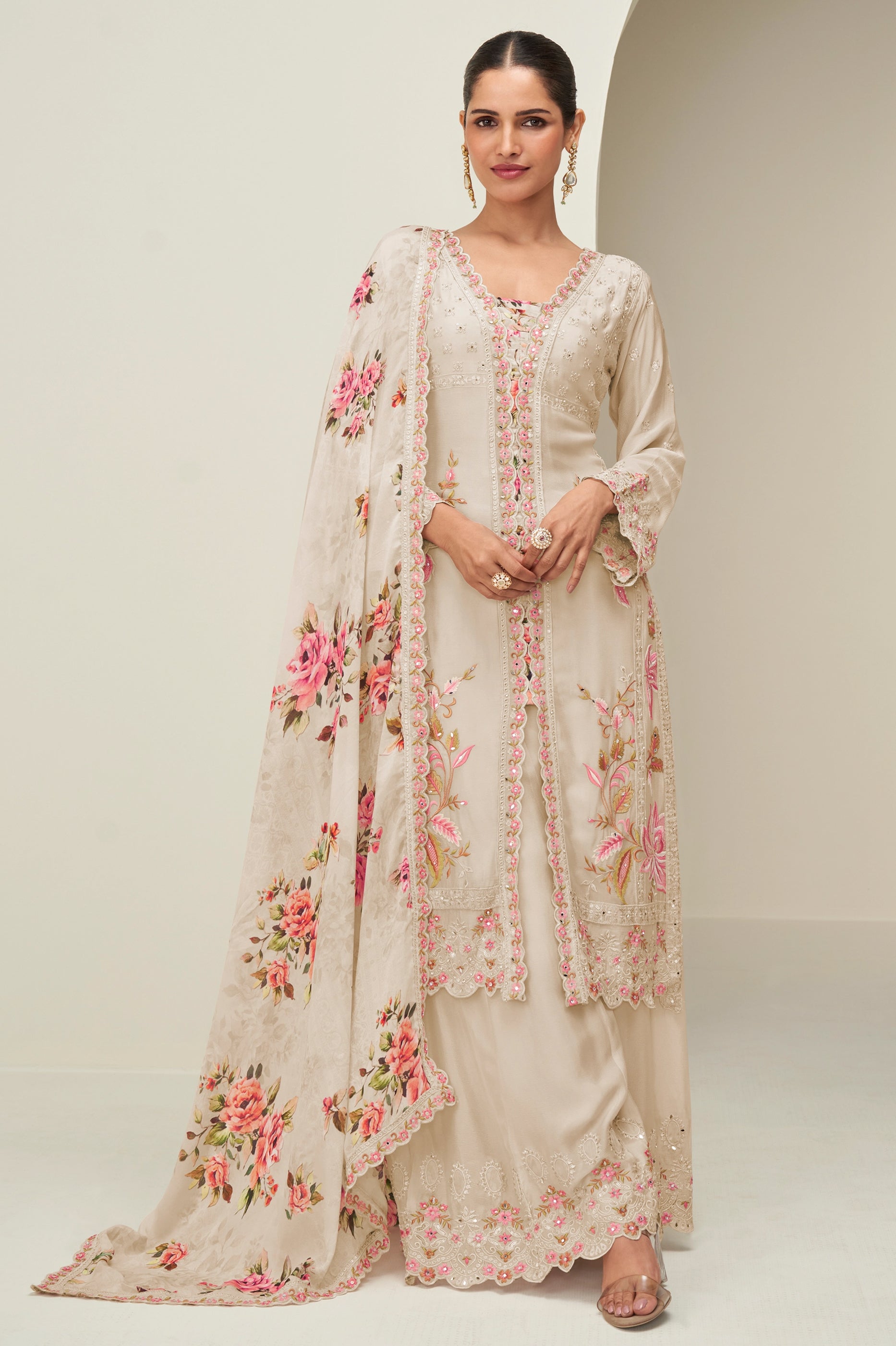 Cream Readymade Embroidered Chinon Silk Suit-SAR10528_1_SareeButa.com