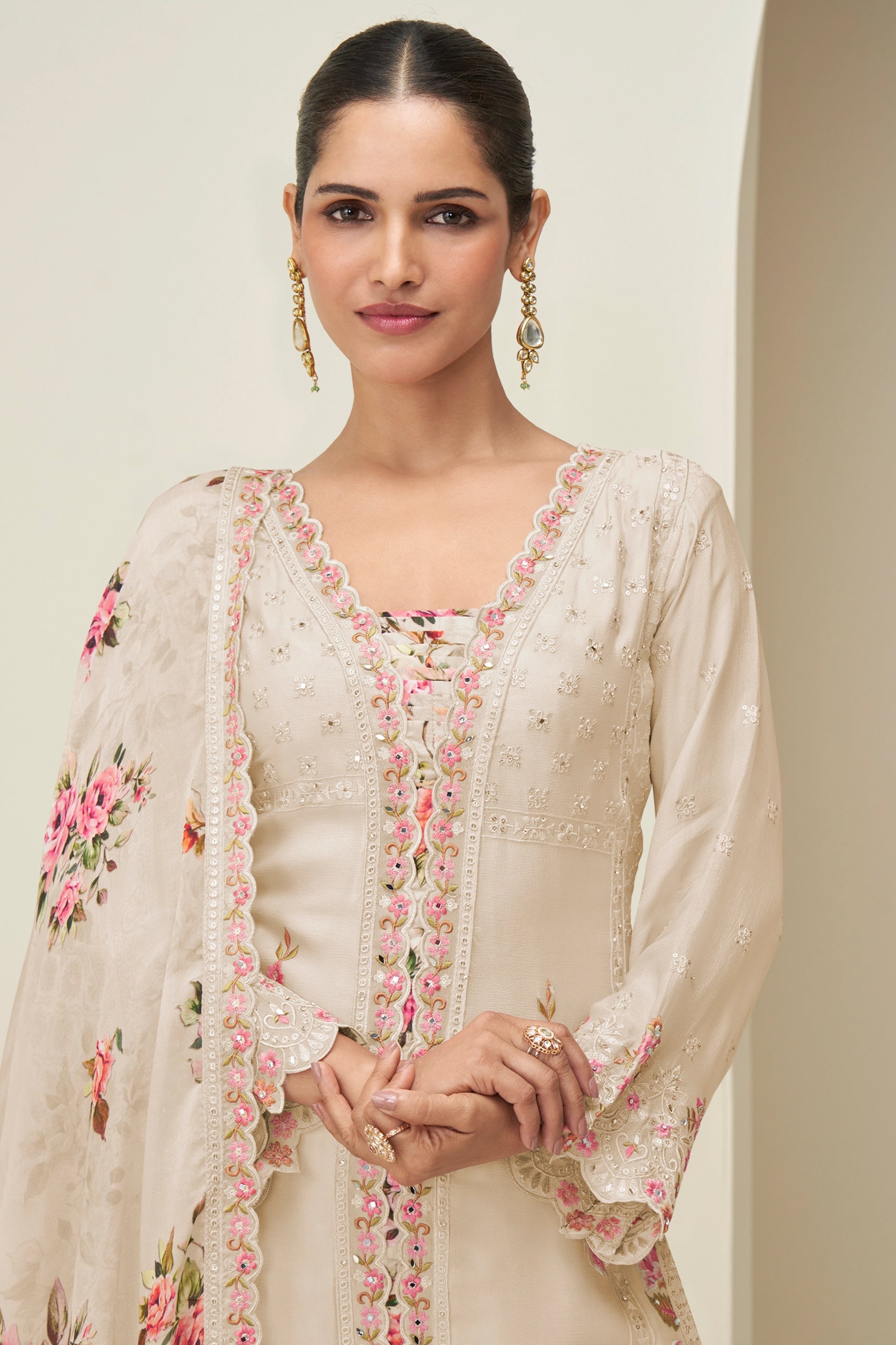 Cream Readymade Embroidered Chinon Silk Suit-SAR10528_2_SareeButa.com