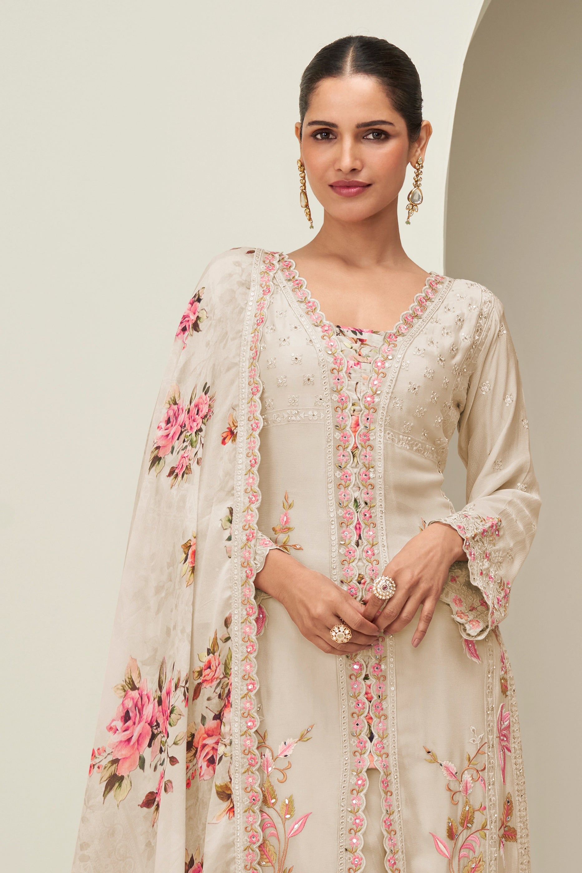Cream Readymade Embroidered Chinon Silk Suit-SAR10528_3_SareeButa.com