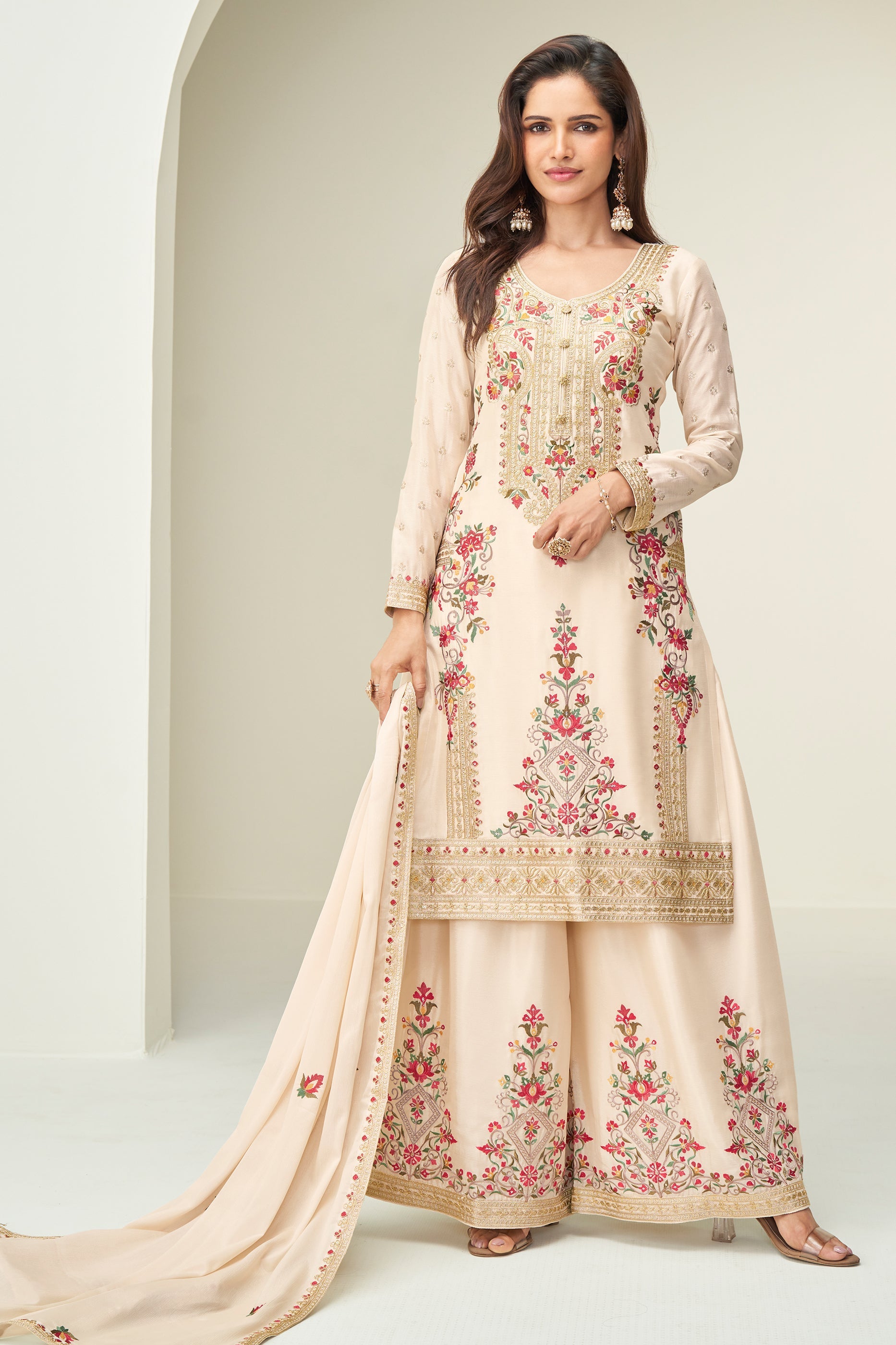 Cream Readymade Embroidered Chinon Silk Suit-SAR10654_1_SareeButa.com