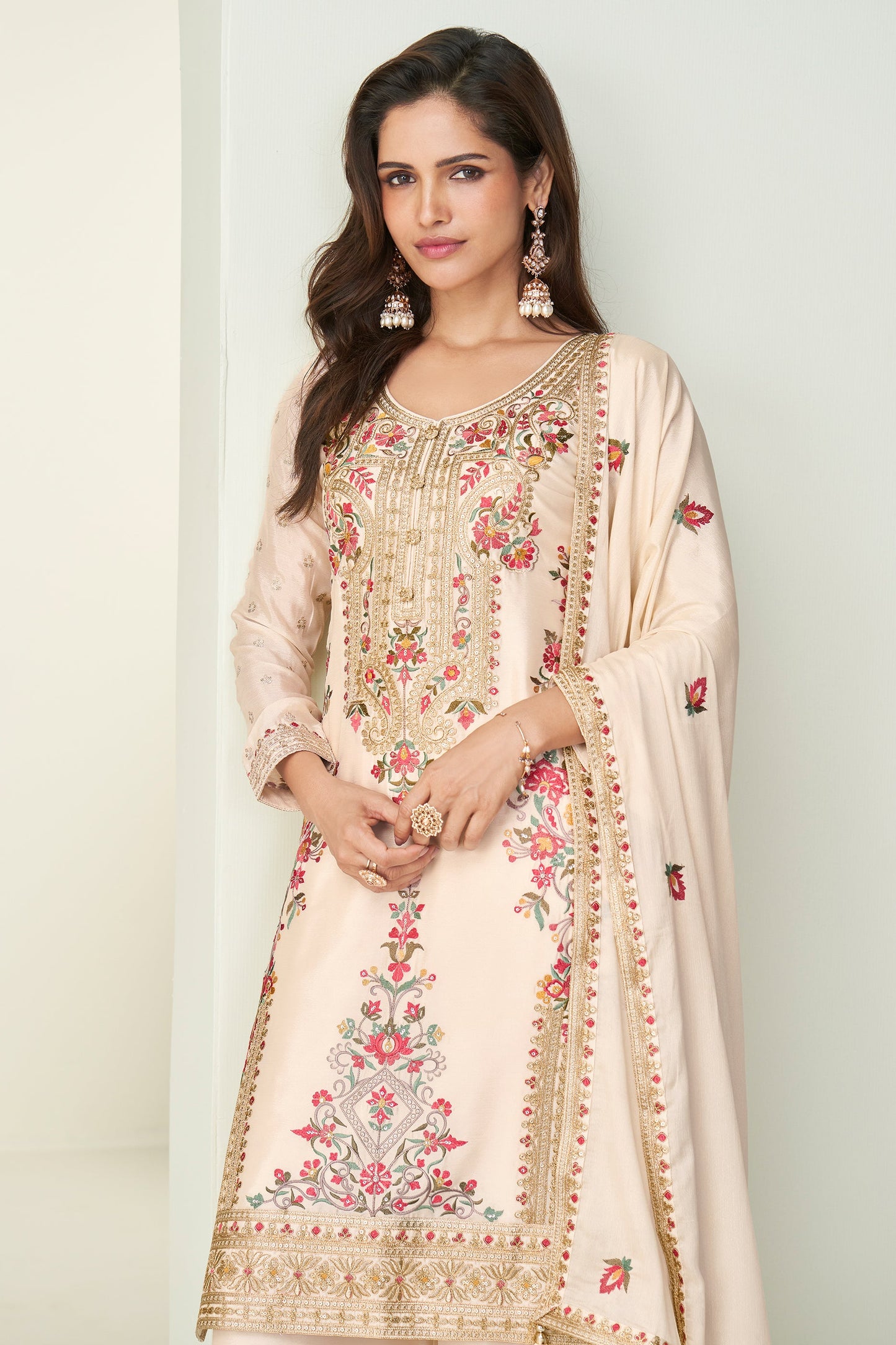 Cream Readymade Embroidered Chinon Silk Suit-SAR10654_2_SareeButa.com