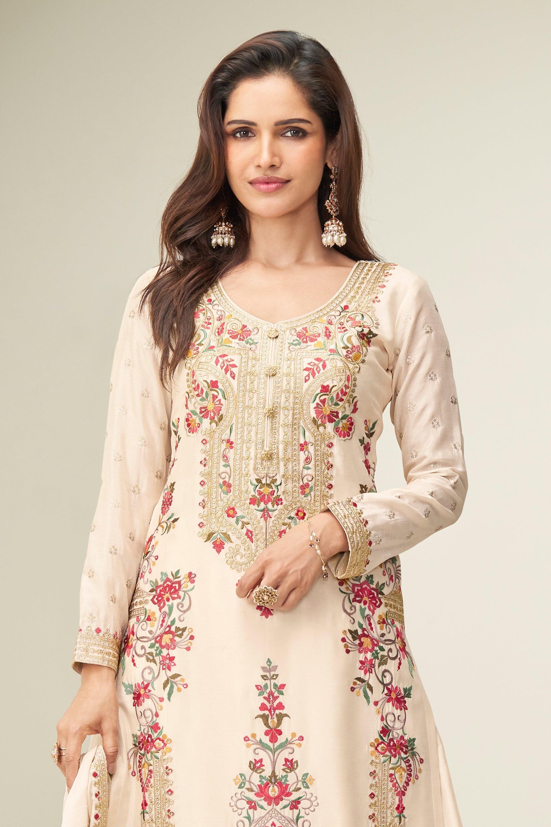 Cream Readymade Embroidered Chinon Silk Suit-SAR10654_3_SareeButa.com