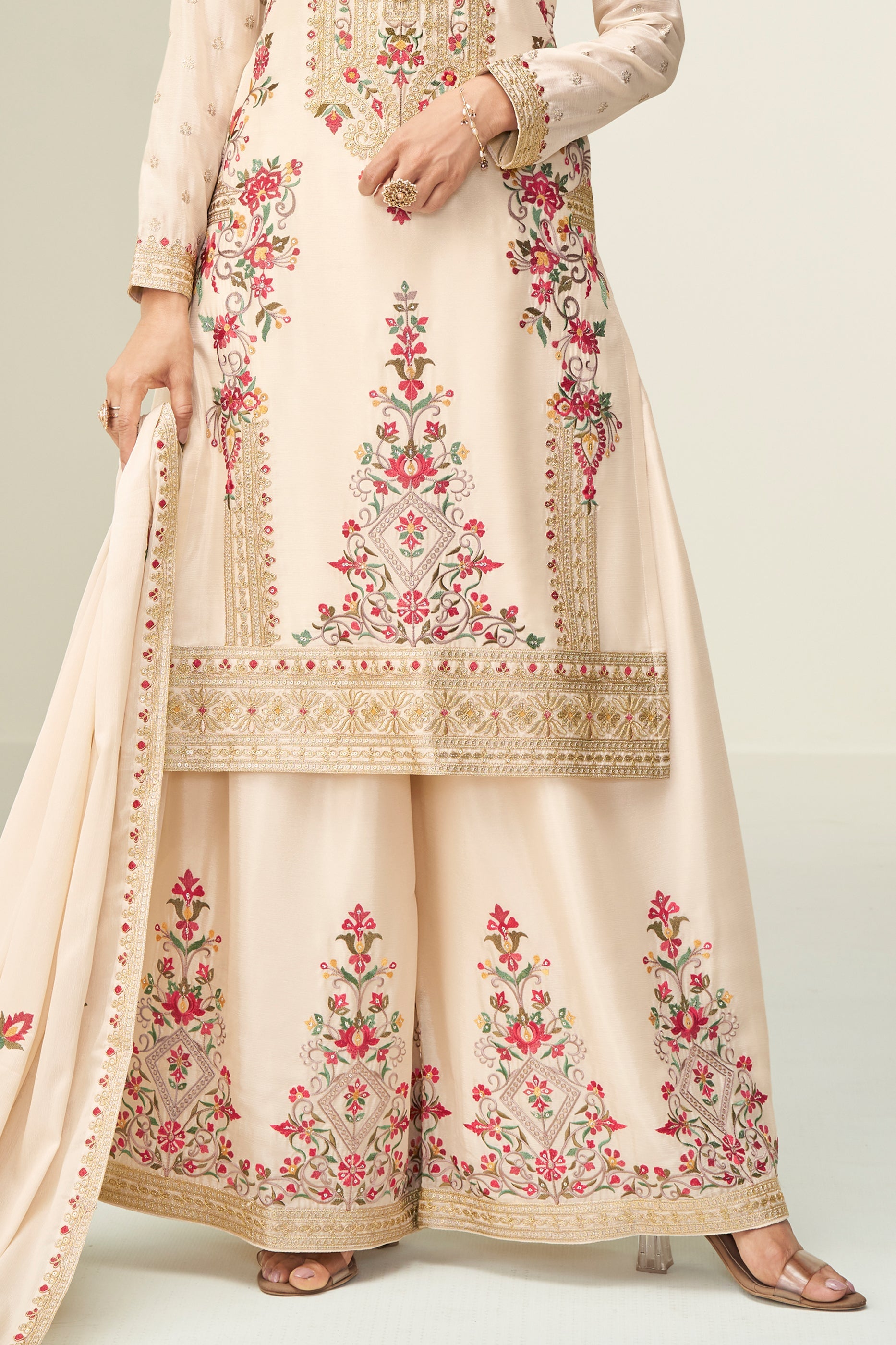 Cream Readymade Embroidered Chinon Silk Suit-SAR10654_4_SareeButa.com