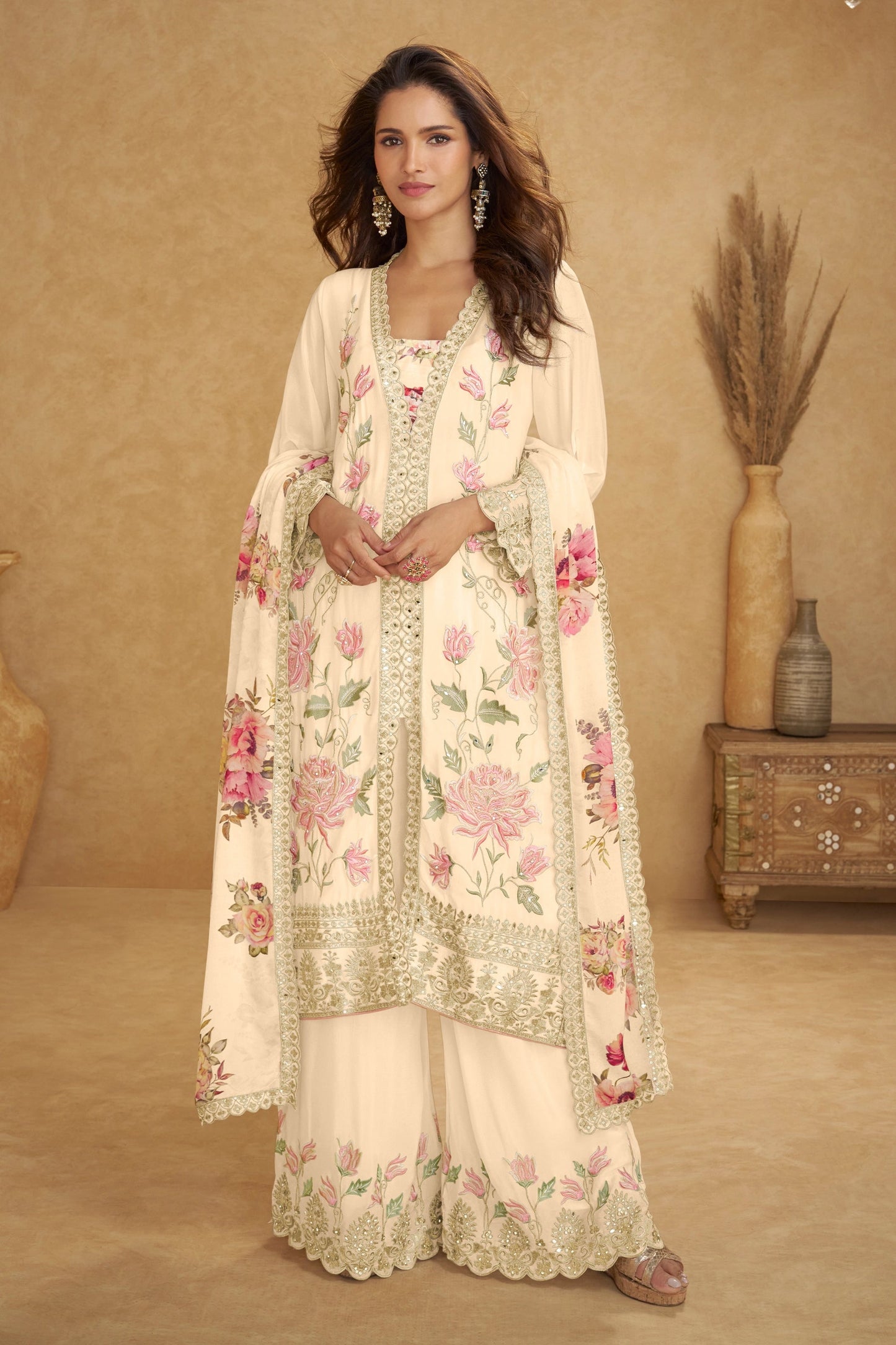 Cream Readymade Embroidered Chinon Silk Suit-SAR10915_1_SareeButa.com