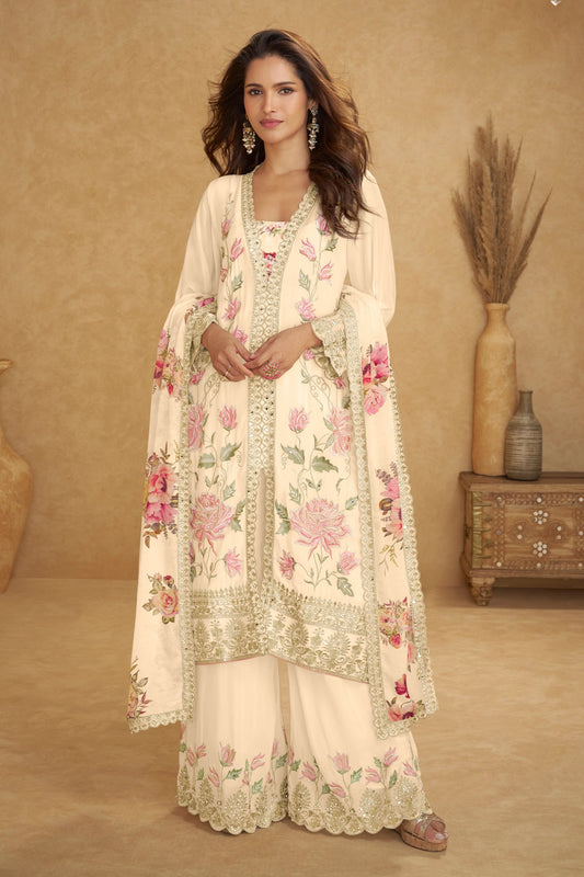Cream Readymade Embroidered Chinon Silk Suit-SAR10915_1_SareeButa.com