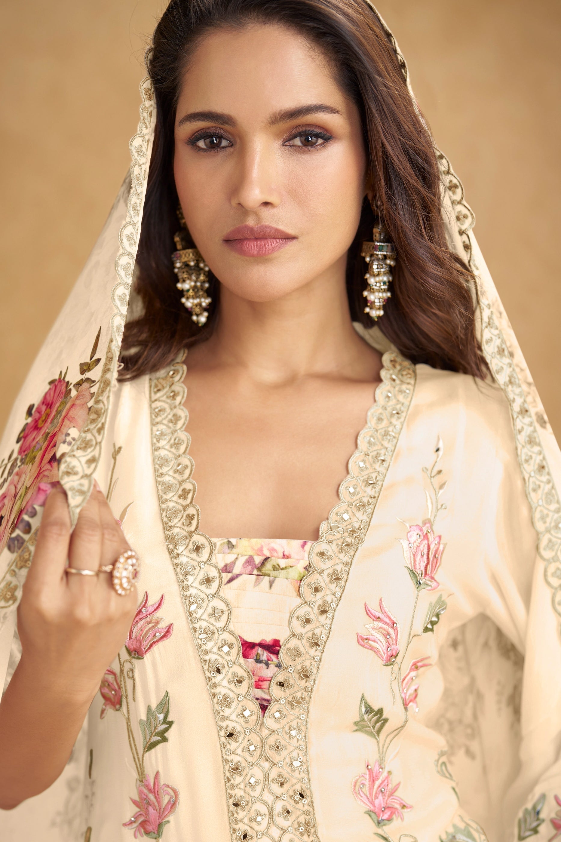 Cream Readymade Embroidered Chinon Silk Suit-SAR10915_2_SareeButa.com