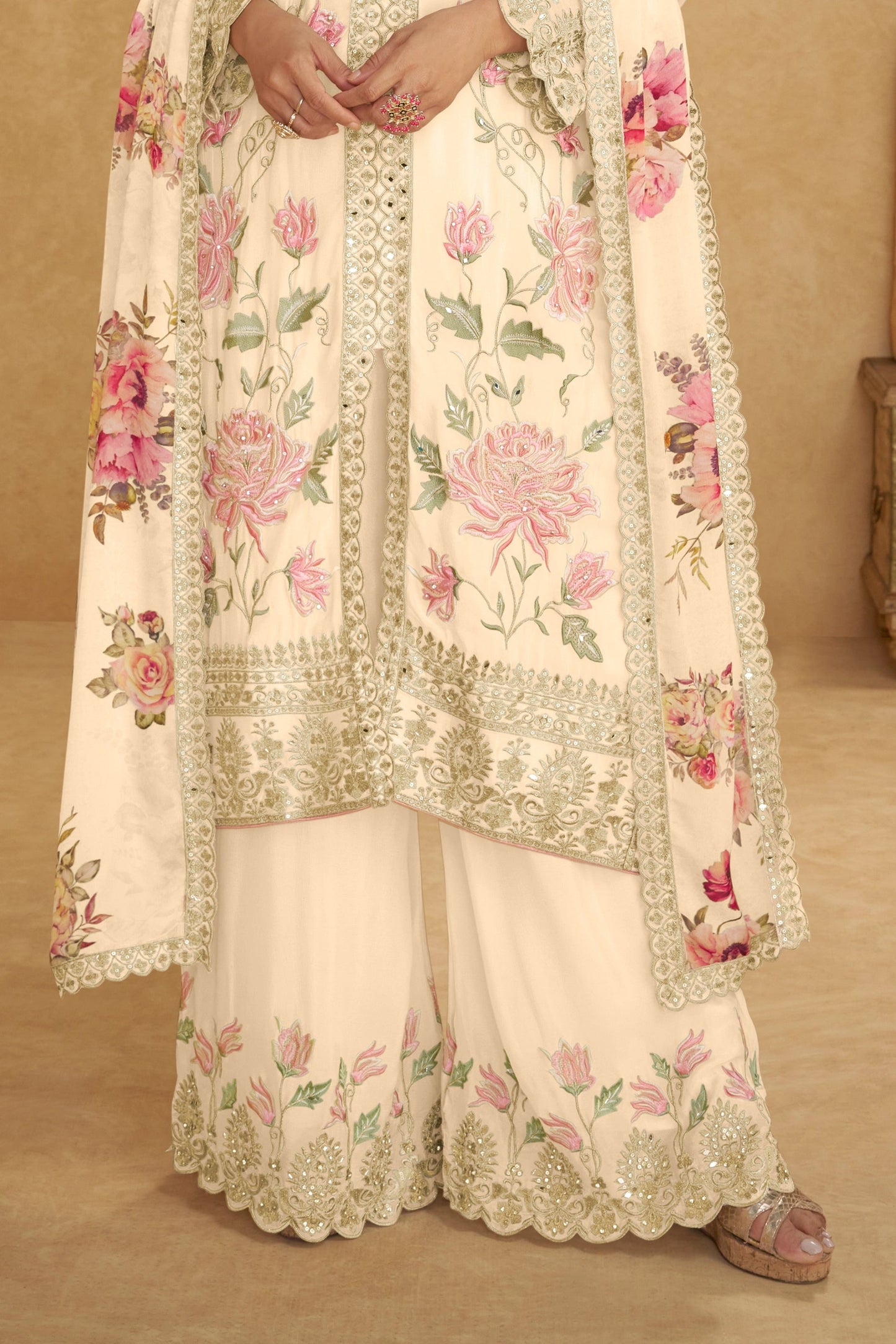 Cream Readymade Embroidered Chinon Silk Suit-SAR10915_4_SareeButa.com