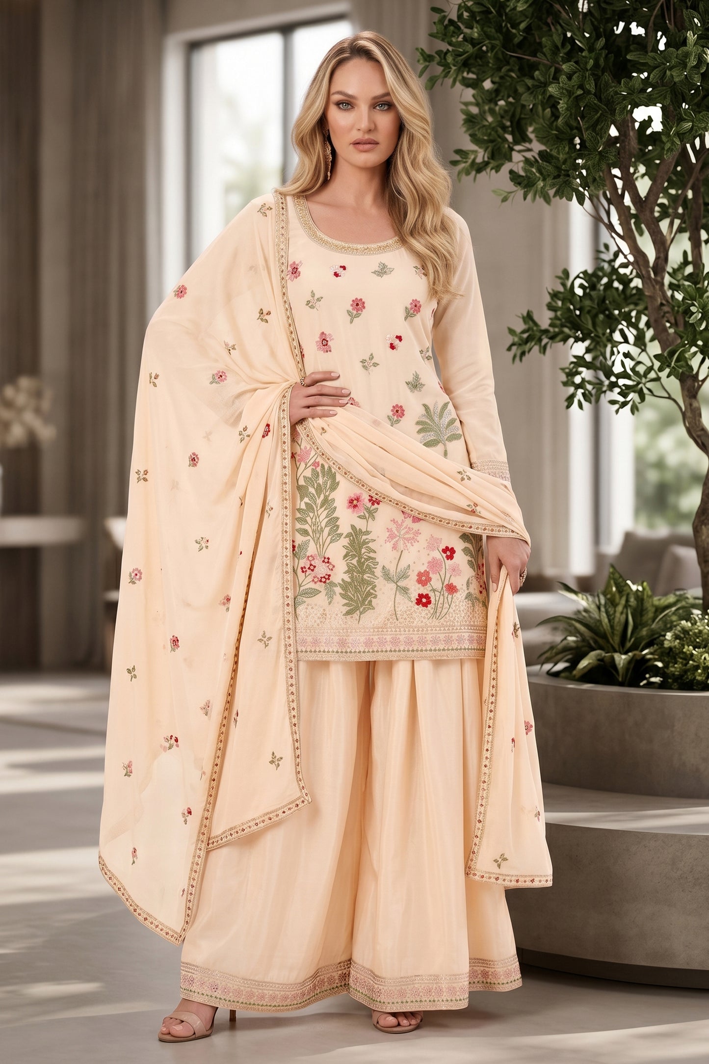 Cream Readymade Embroidered Chinon Suit-SAR12804_1_SareeButa.com