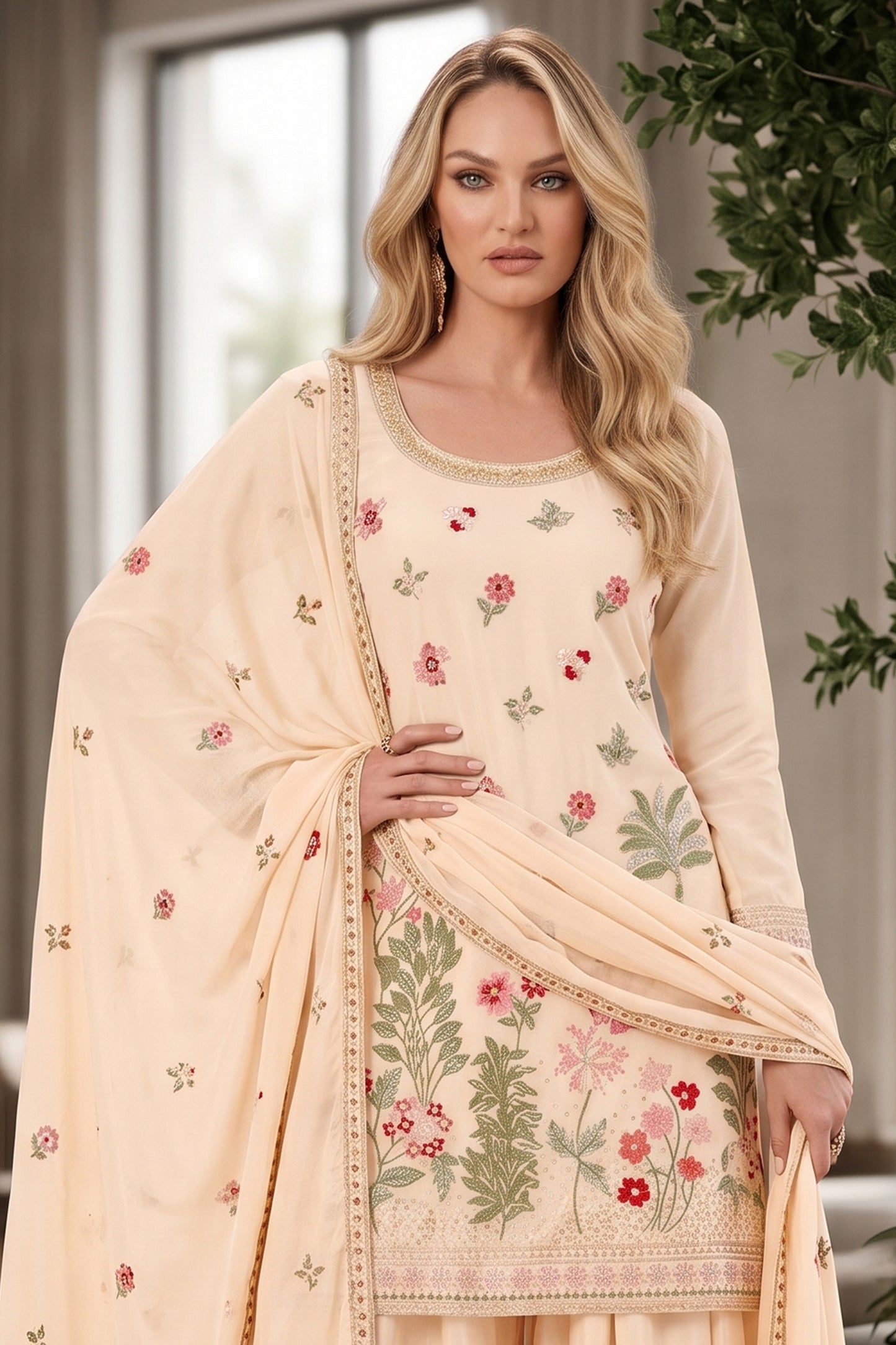 Cream Readymade Embroidered Chinon Suit-SAR12804_3_SareeButa.com