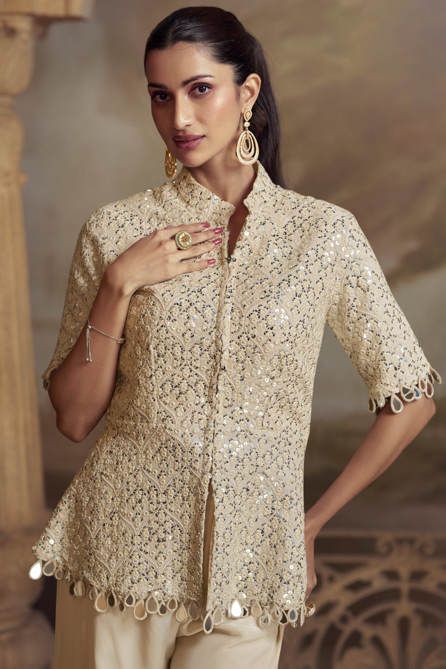 Cream Readymade Embroidered Georgette Palazzo Set-SS789_2_SareeButa.com