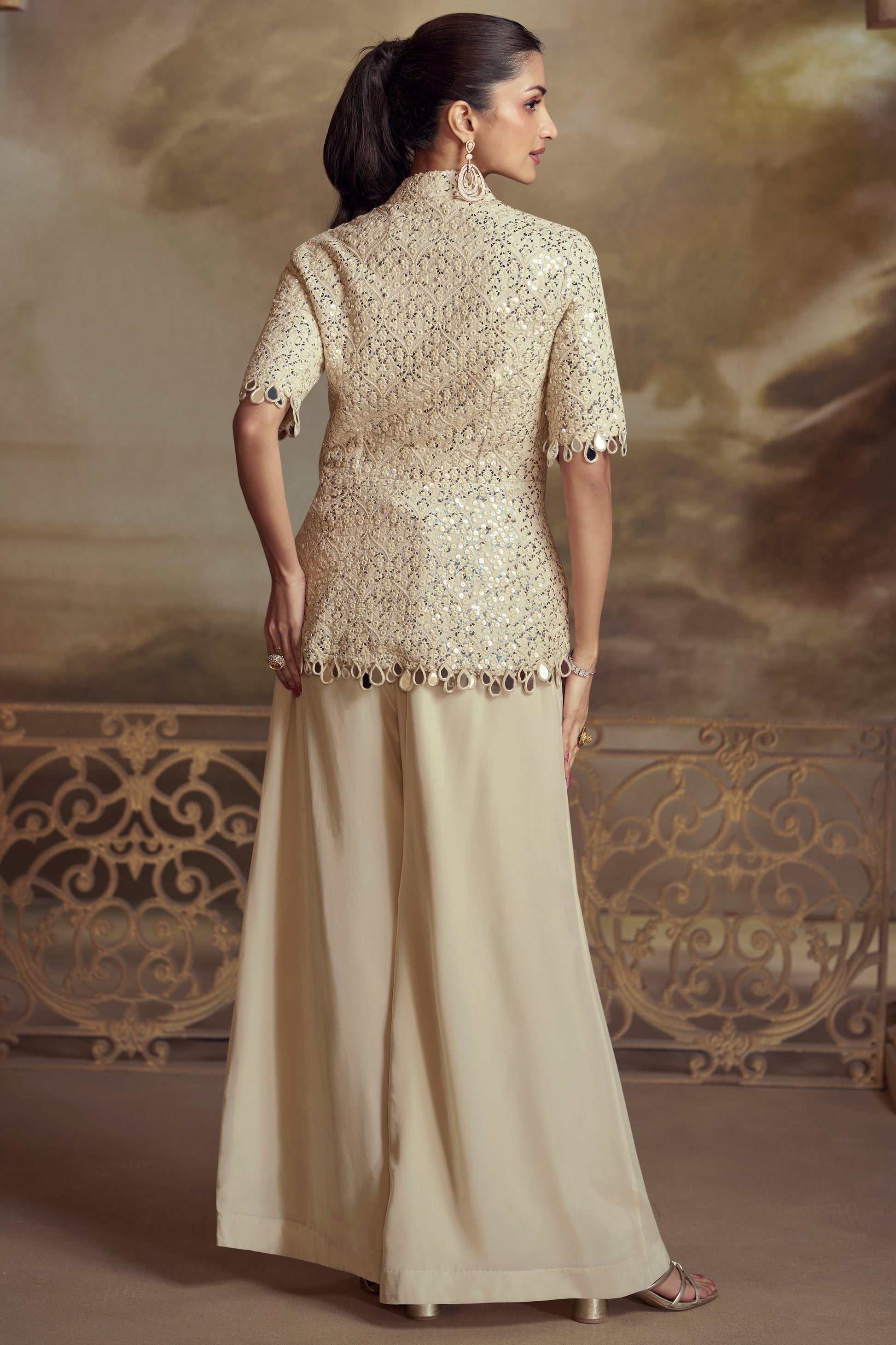 Cream Readymade Embroidered Georgette Palazzo Set-SS789_3_SareeButa.com