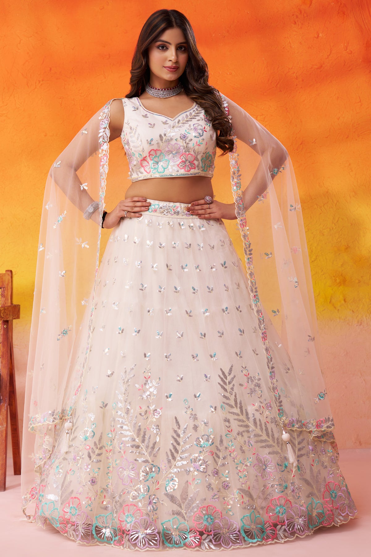 Cream Readymade Embroidered Net Lehenga-SAR12895_1_SareeButa.com
