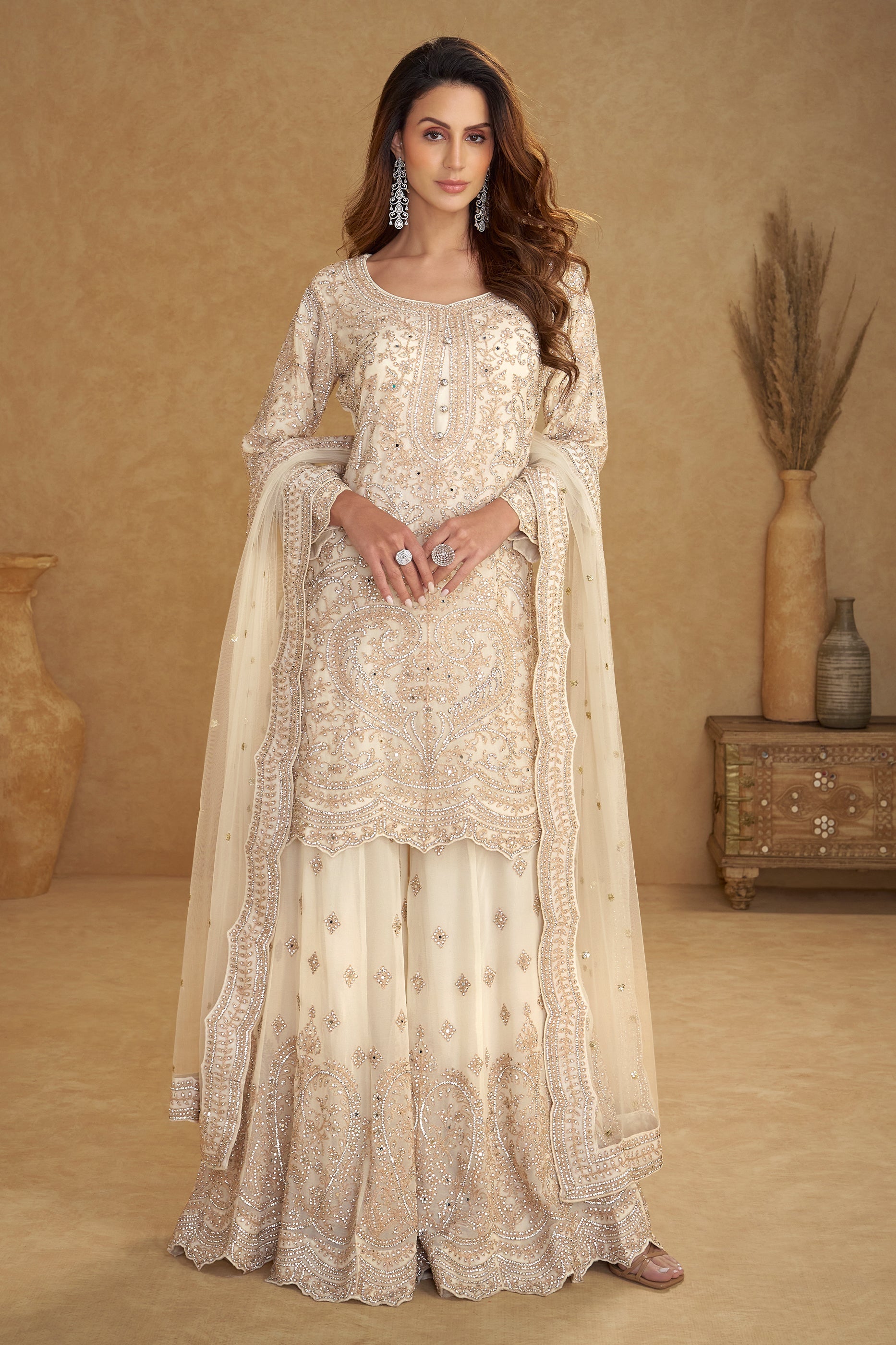 Cream Readymade Embroidered Net Suit-SAR11491_1_SareeButa.com